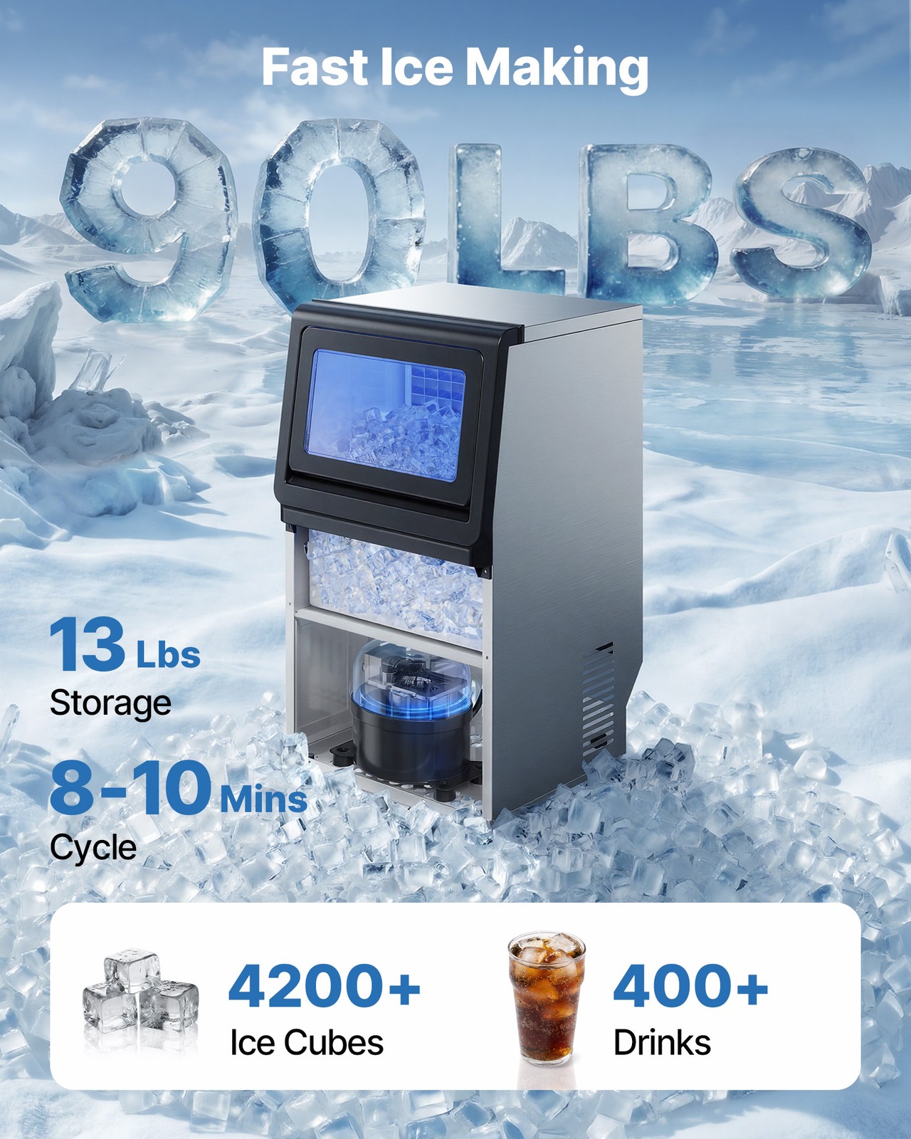 VEVOR Commercial Ice Maker 90 lbs/24h Ice Machine 13 lbs Storage Bar Restaurant