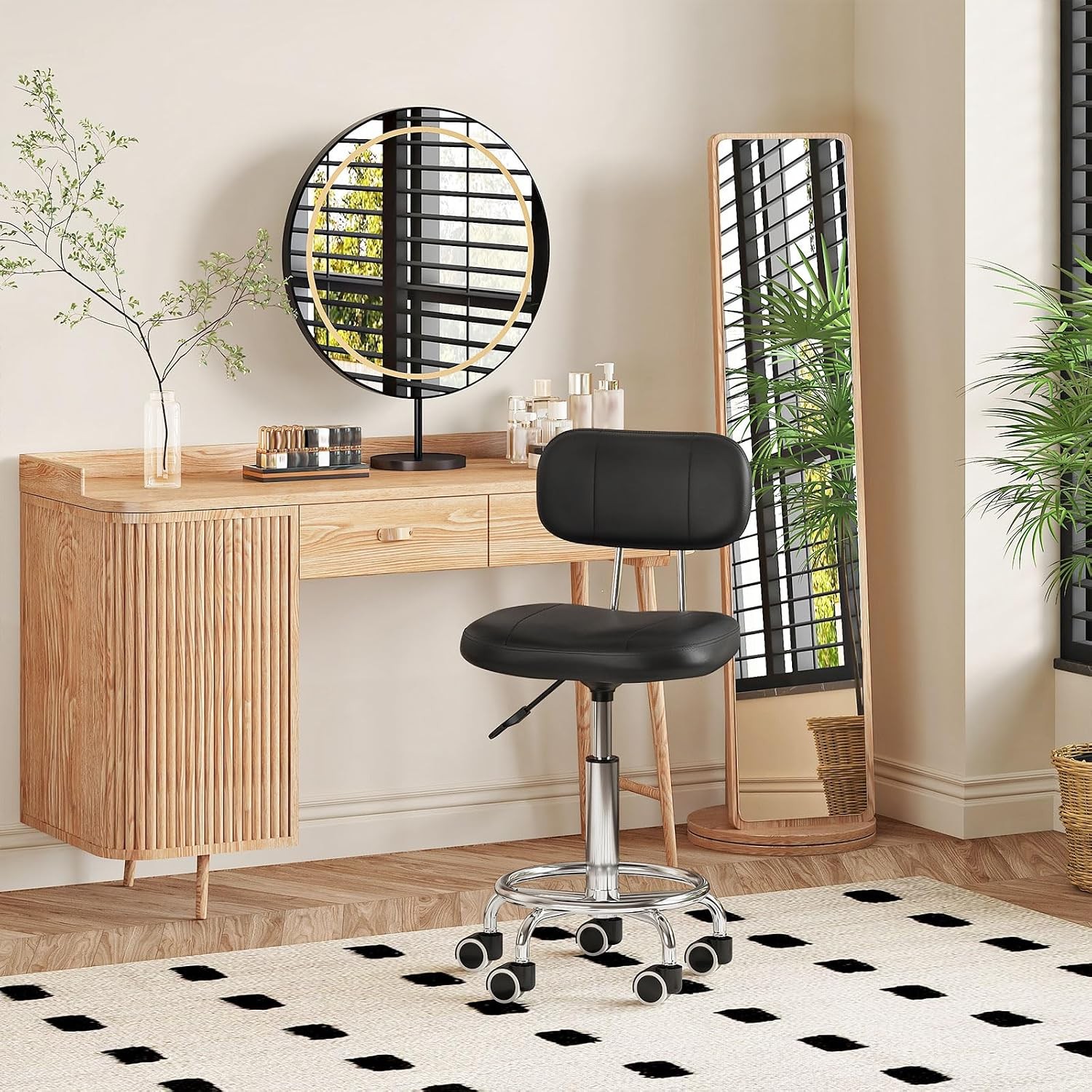 Height Adjustable Rolling Drafting Chair with Backrest 360 Swivel Office Stool