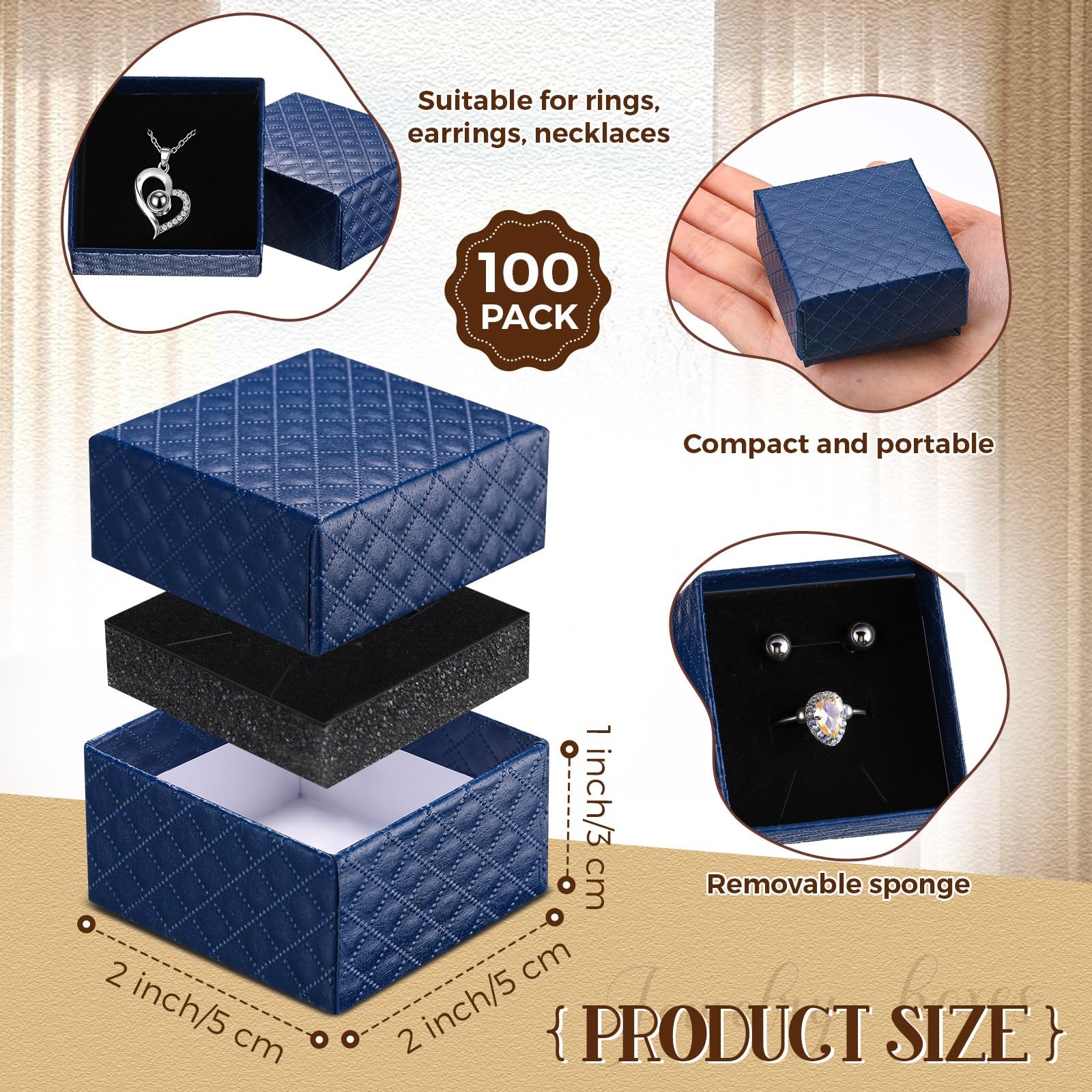 Landical 100 Pcs Jewelry Ring Gift Box 2» x 1 Count (Pack of 100), Dark Blue