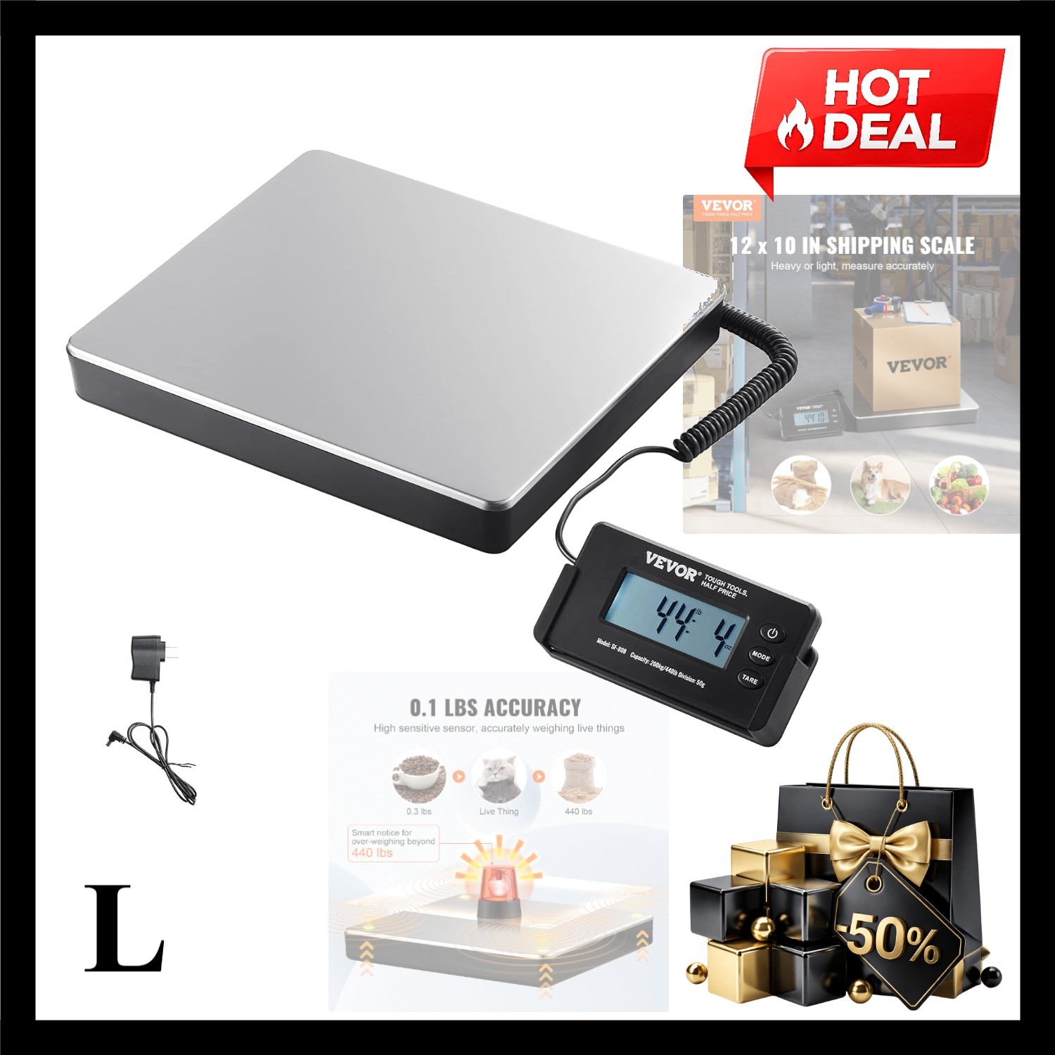 Digital Shipping Scale, 440 lbs x 1.7 oz. Heavy Duty Postal Scale with Timer,…