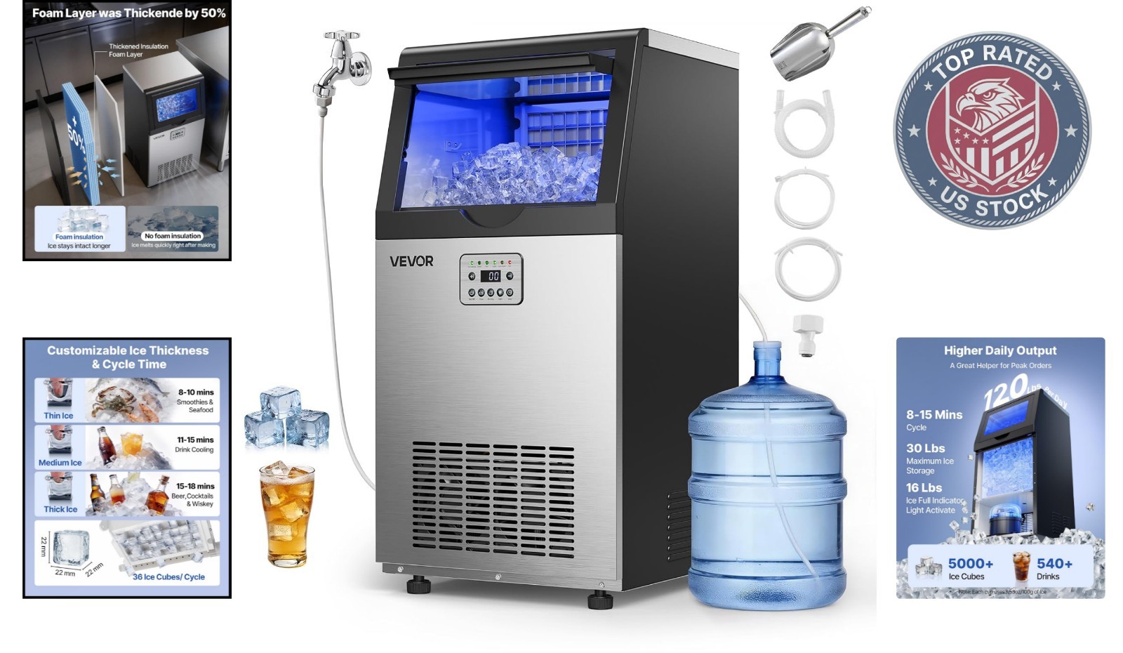 Efficient Ice Production: 120 lbs Per Day Ice Maker with 30 lbs Storage Capacity