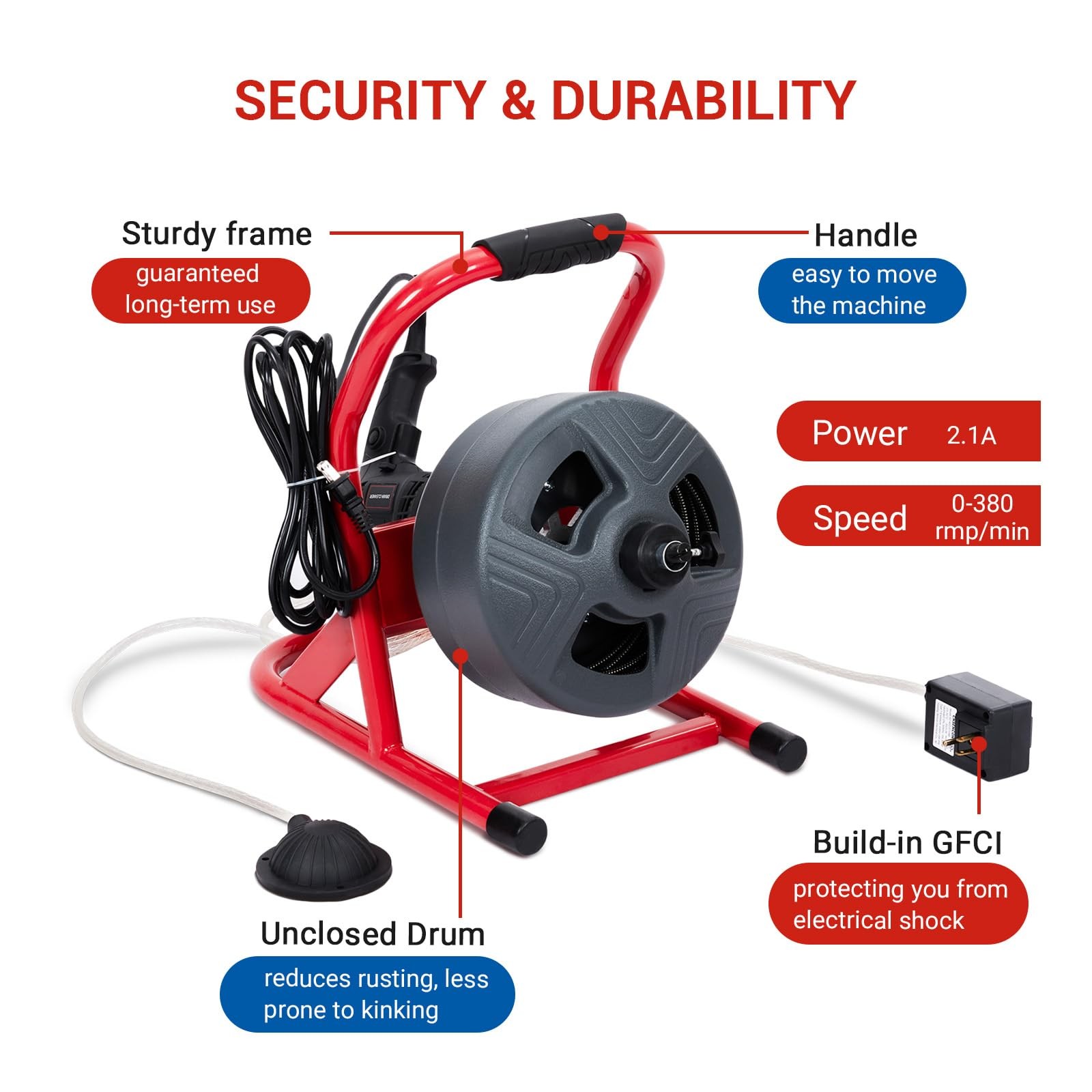 50Ft x 5/16 Inch Drain Cleaner Machine, Electric Drain Auger Cleaner Sewer Snake