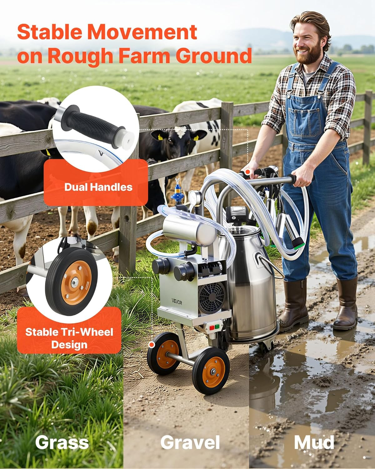 Electric Cow Milking Machine, 6.6 Gal / 25 L 304 Stainless Steel Bucket, Food-Gr
