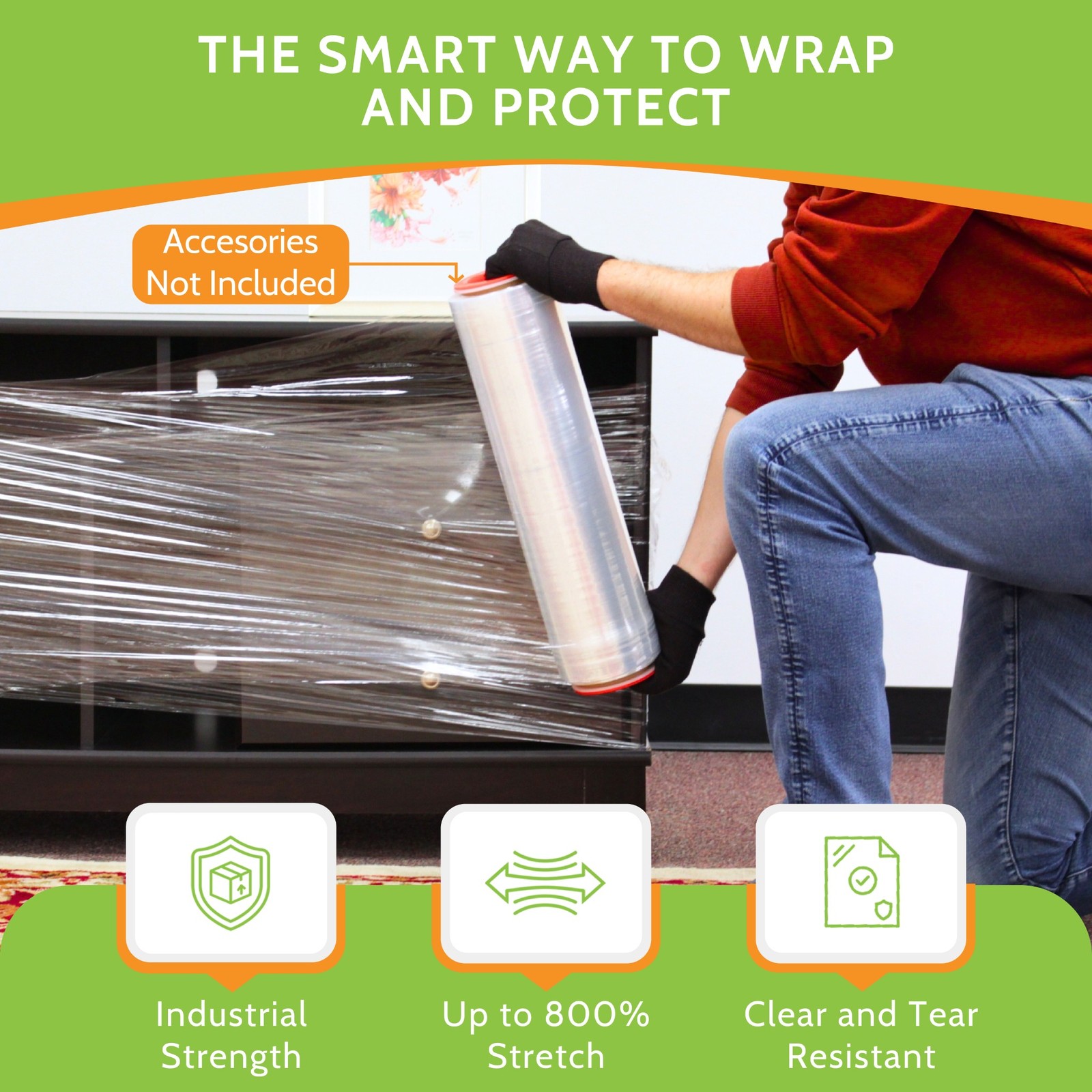 18″ x 1500′ 80 Gauge 4 Rolls Cast Hand Pallet Stretch Wrap Clear Shrink Film