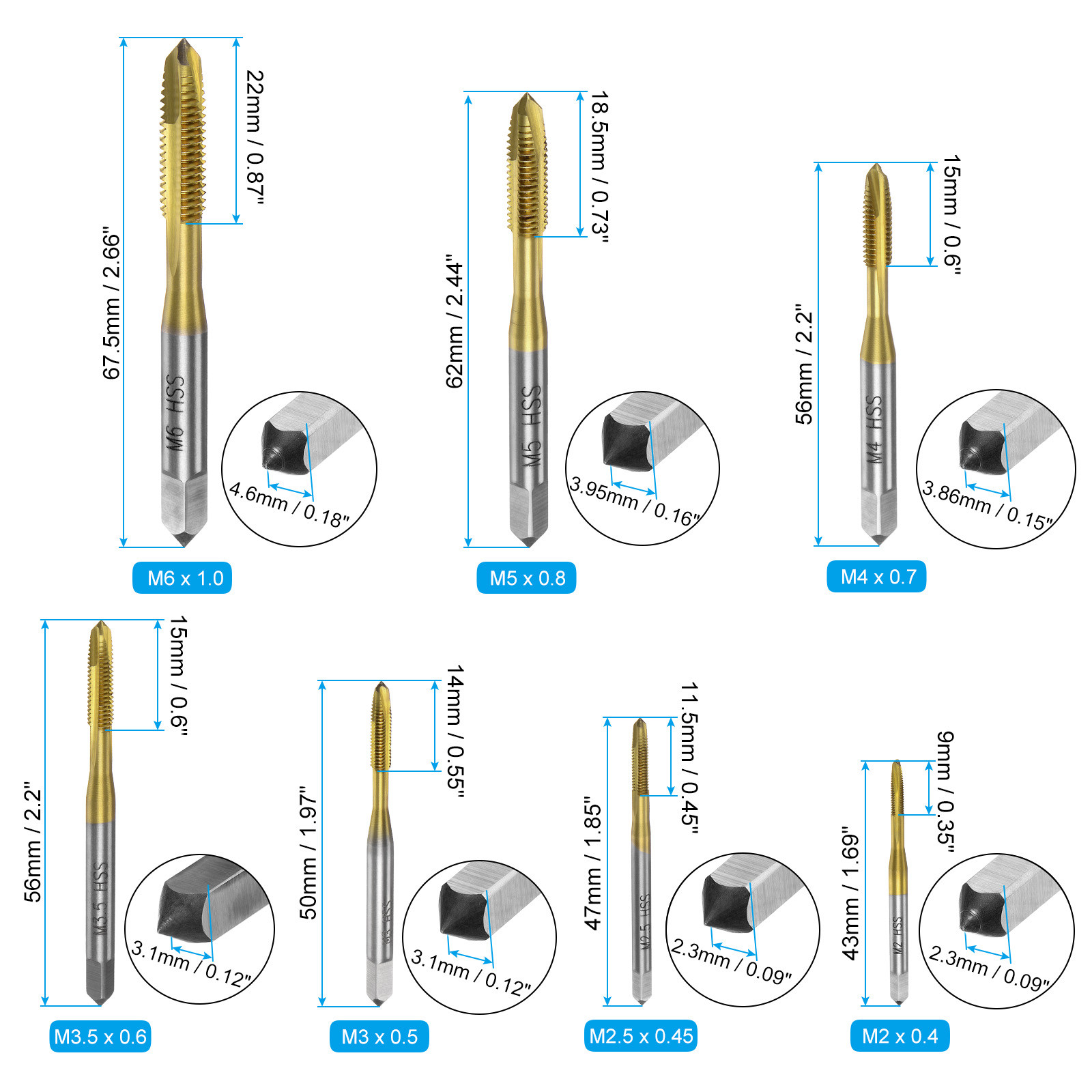 7pcs Spiral Point Tap Set M2 M2.5 M3 M3.5 M4 M5 M6 Metric Ti-Coated Thread Taps