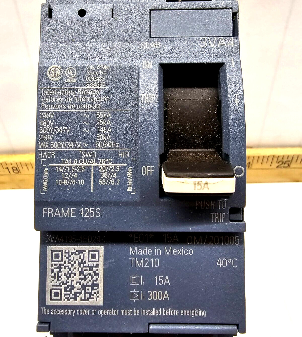 New Siemens 15 Amp Bolt-On Circuit Breaker 480 VAC 2 Pole 3VA4195-4ED24-0AA0