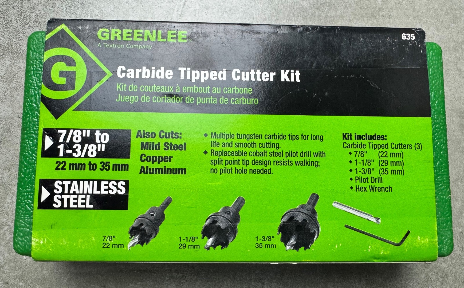 Greenlee 635 7/8″, 1-1/8″, 1-3/8″ Cutterheads; Pilot Drill, Hex Key and Case