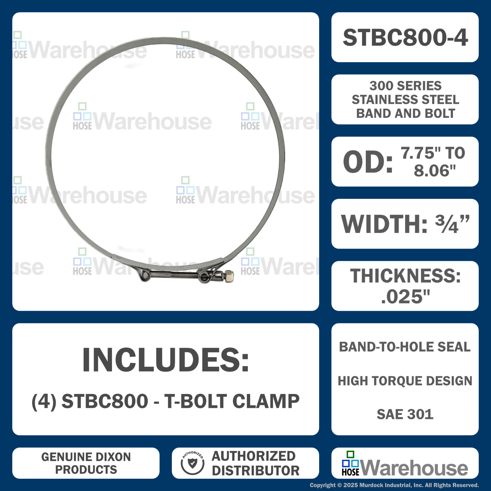Genuine Dixon 8″ T-Bolt Clamp Pack – (4) STBC800 Stainless Steel Hose Clamps