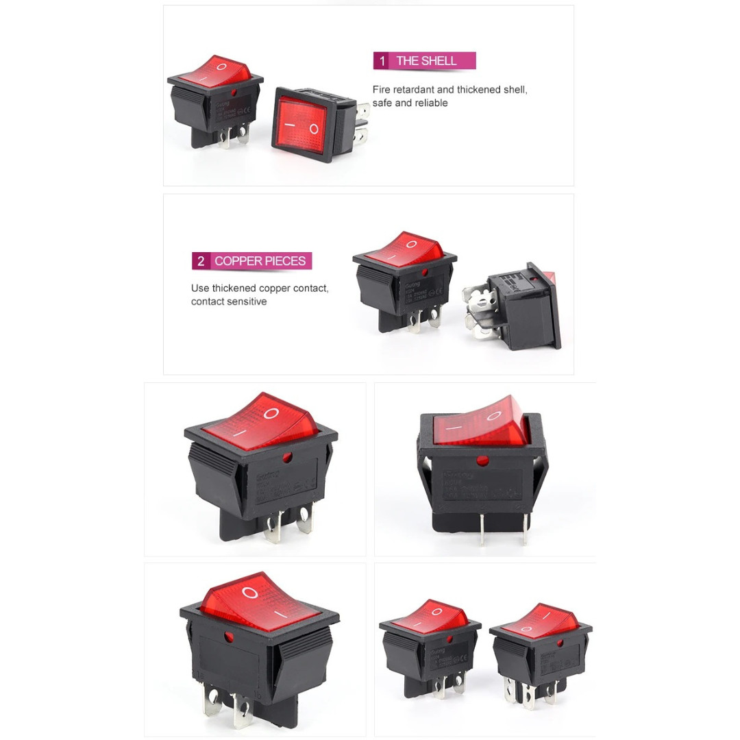 2x On Off Red Light Rocker Switch 250V AC 16 AMP 125V 20A DPST 4 lug legs