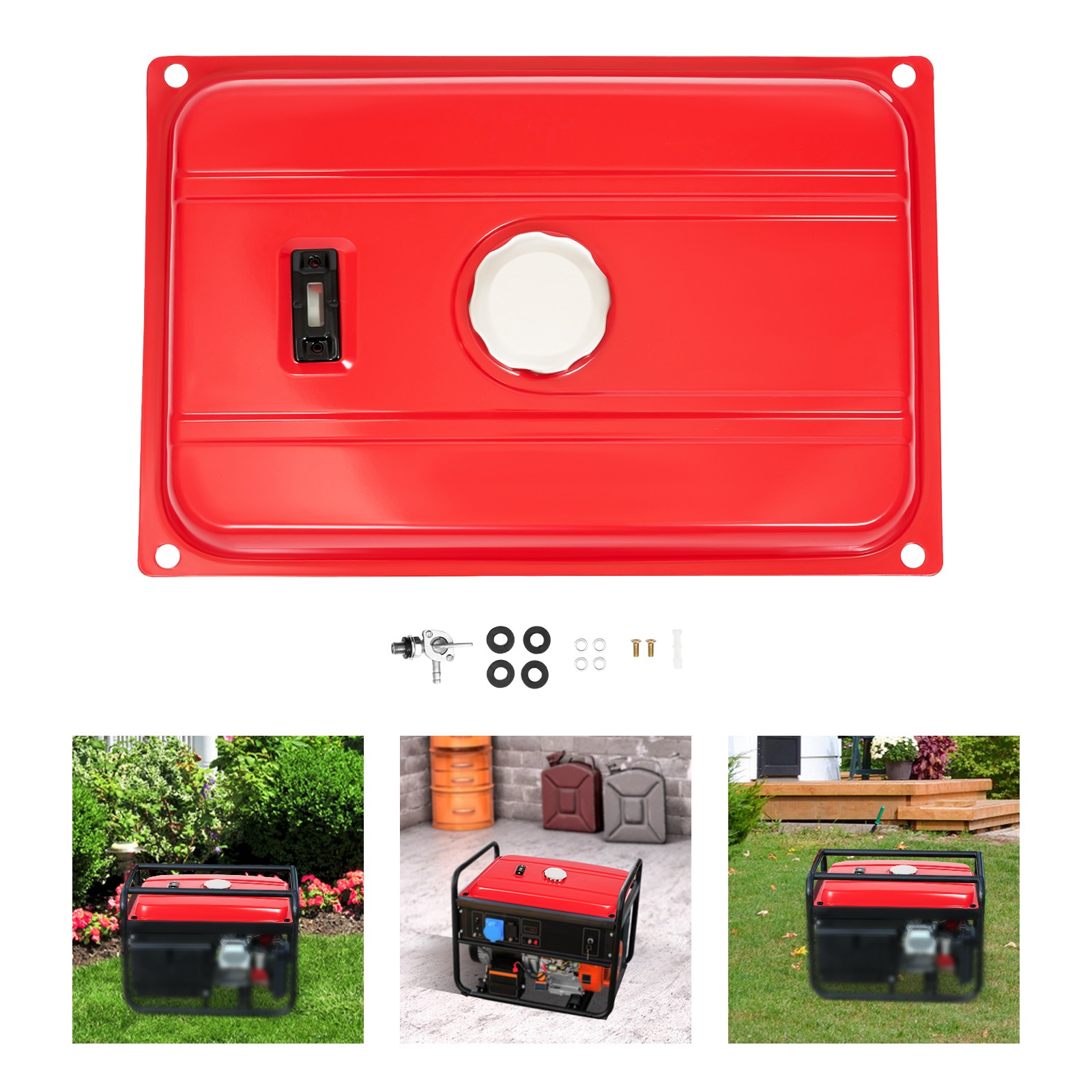 4 Gal Universal Generator Gas Fuel Tank w/ Chrome Cap Gauge Petcock Valve Red