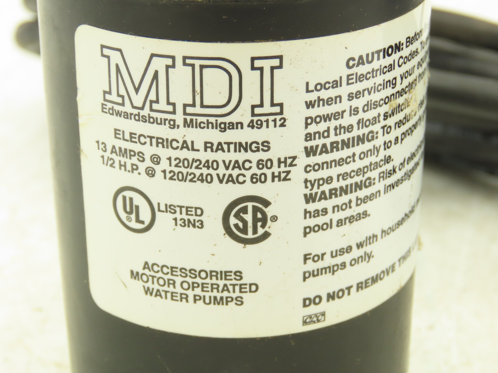 MDI GF10W20F1 Mechanical Float Switch 120VAC 20′ Cord Pump Duty Normally Open