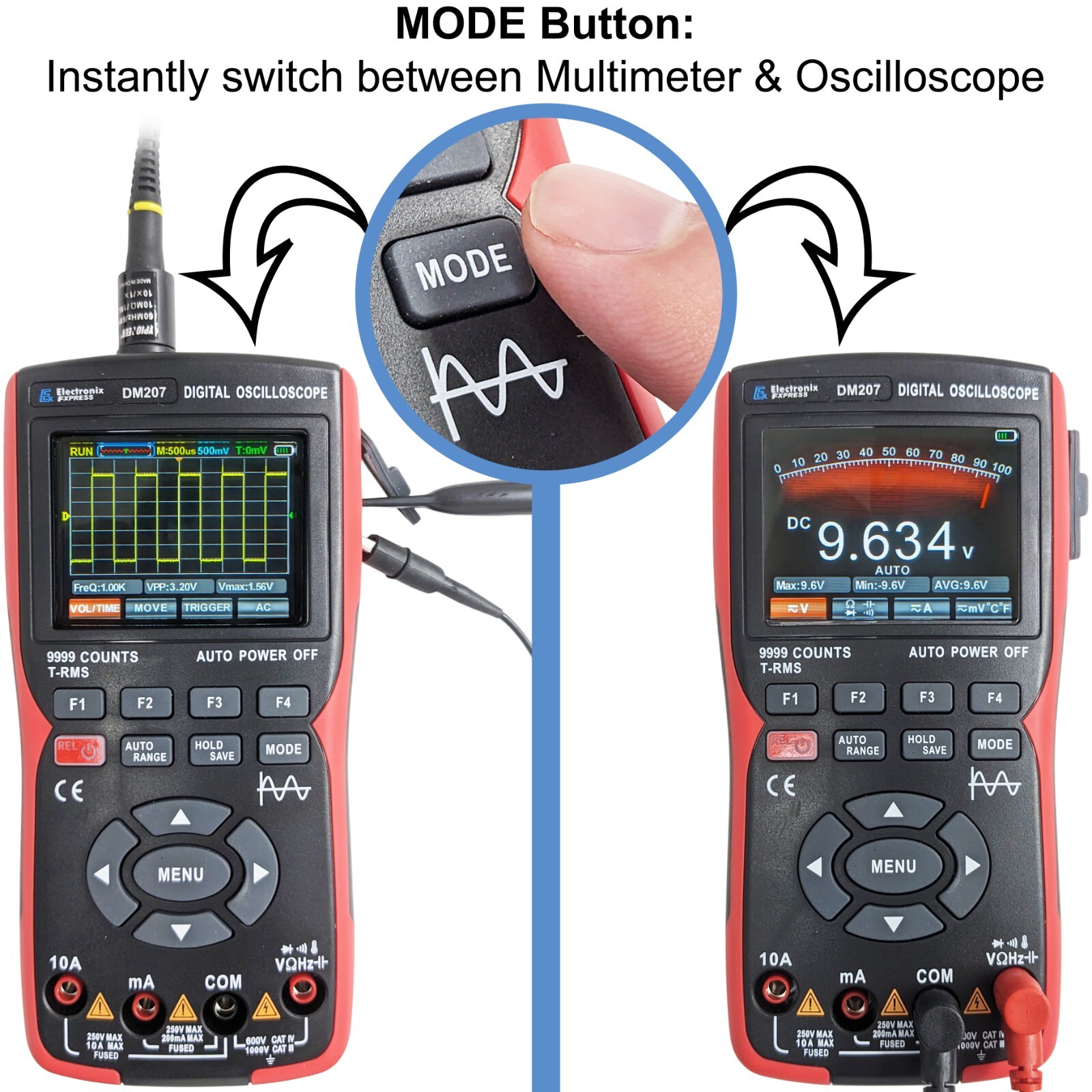 Handheld 2-in-1 Oscilloscope Multimeter, Backlit Color Screen, 10 MHz, True RMS