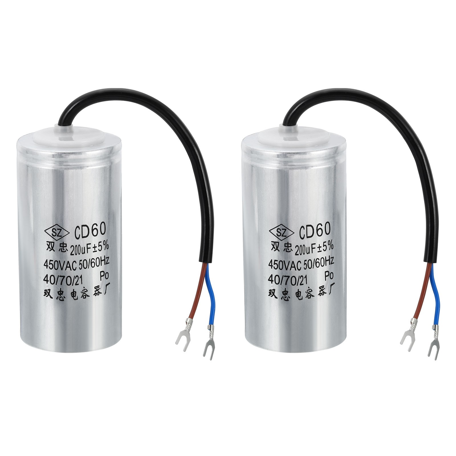 2Pcs 200uF 450VAC 2 Wires 5% Tolerance 50/60Hz CD60 Run Capacitor