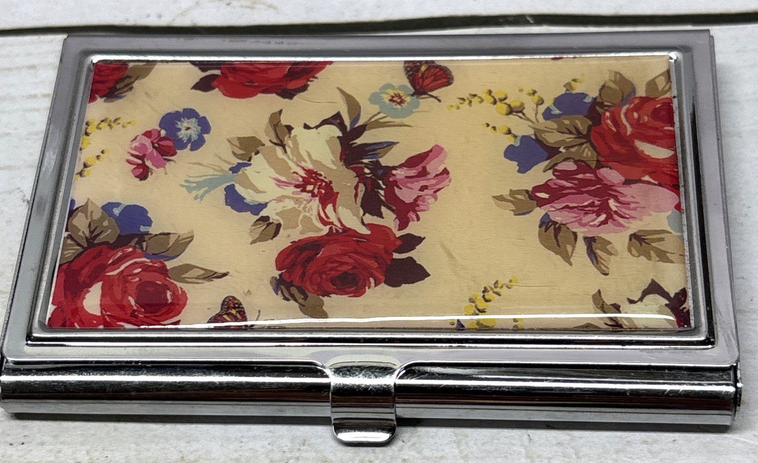 Floral Silver Tone Cigarette Or Business Card Case Holder With Mirror Has Wear