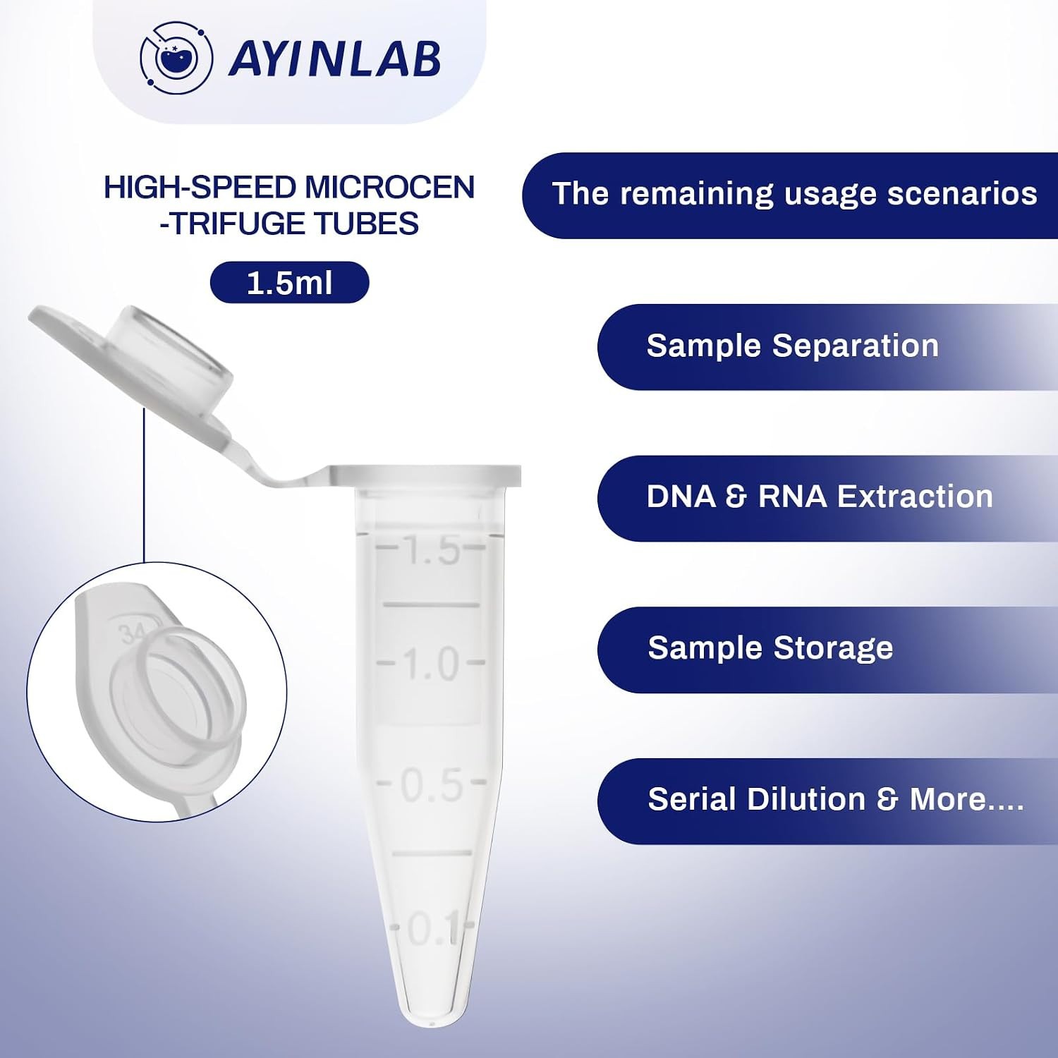 50 ct Centrifuge Tubes for Micro-Centrifuge, 1.5 mL Polypropylene, Ayinlab Brand