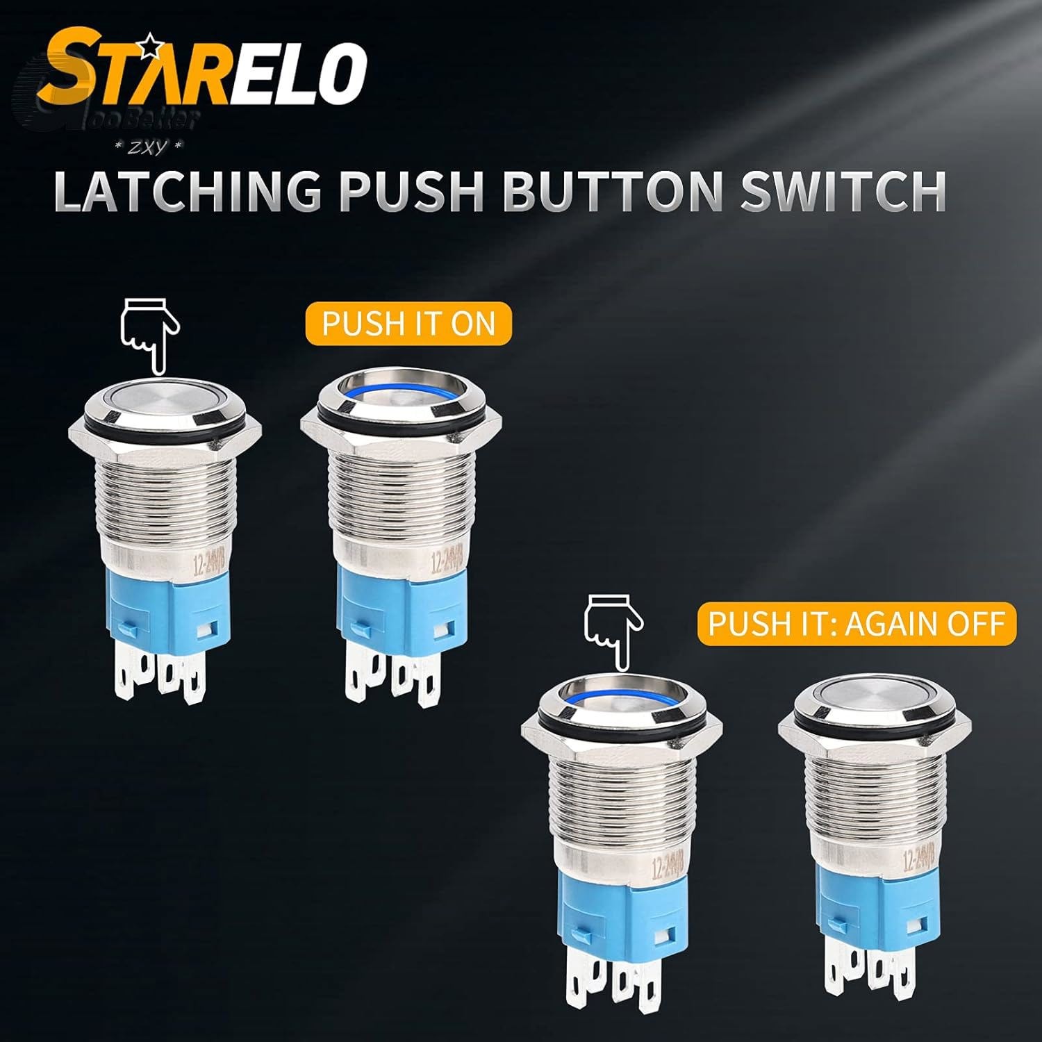 12mm LED ON OFF Waterproof Stainless Steel Latching Push Button Ring Switch