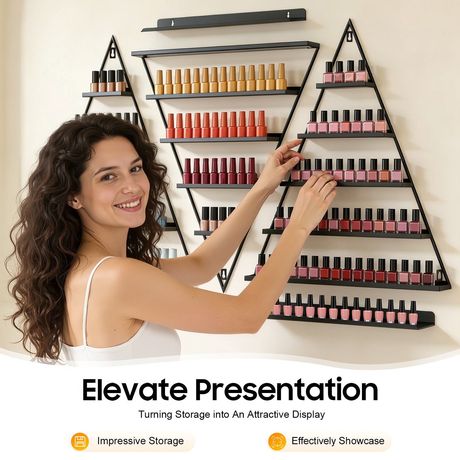 5 Tiers Metal Triangle Nail Polish Display Racks Black Wall-Mounting Shelf Kit