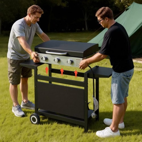 Gas Griddle, 3-Burner Flat Top Grill, Propane Griddle with Wheels, Lid, 3 x 1100