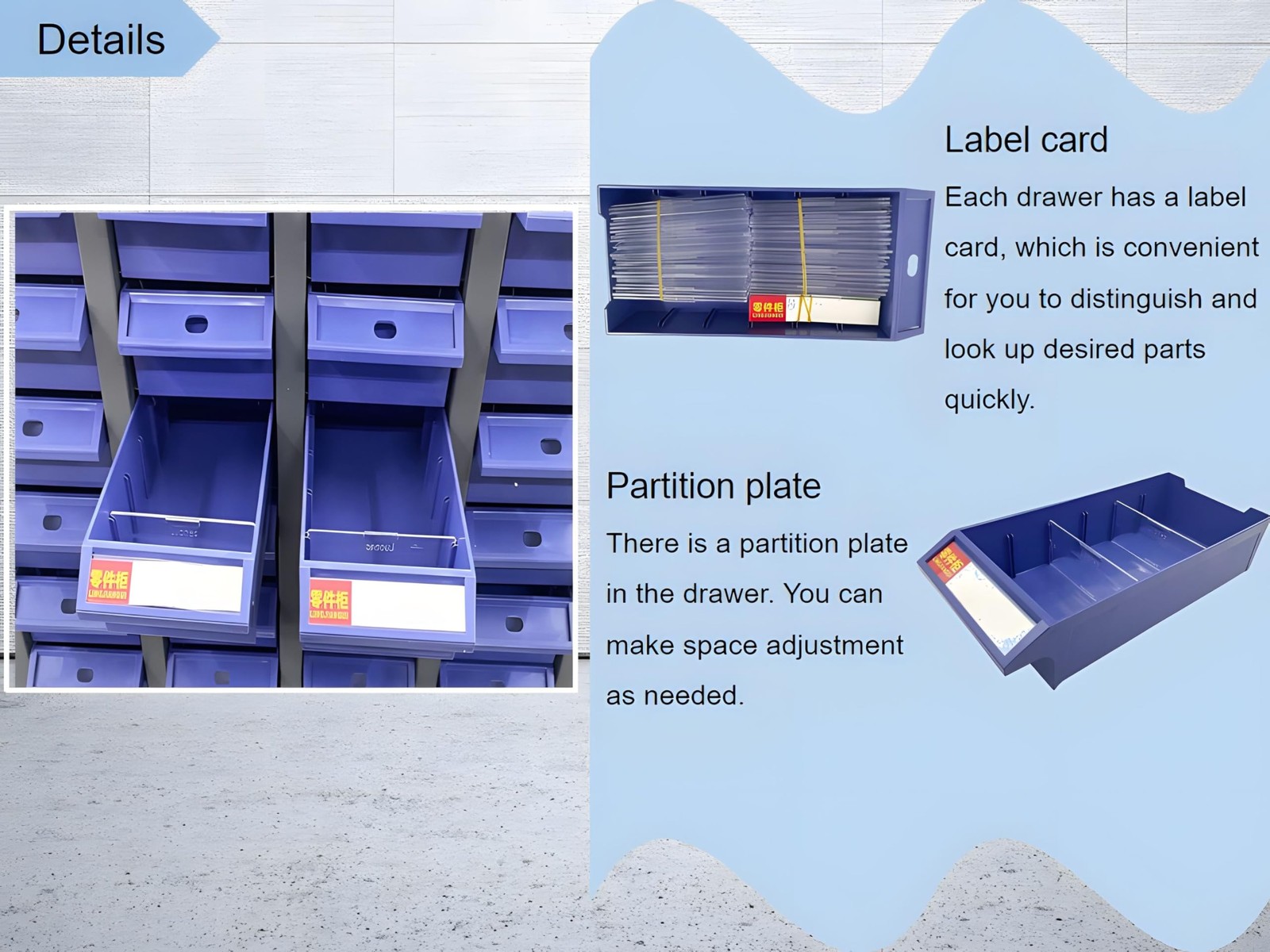 60 Drawer Hardware Organizer Cabinet No Door for Samples Metals Electronics Blue