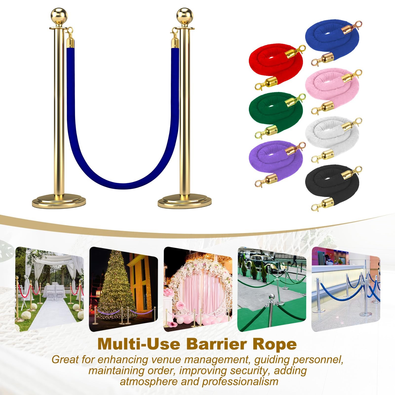 2 Pack Velvet Stanchion Rope 6.6 Ft 2 M Blue Golden Snap Hooks Crowd Control