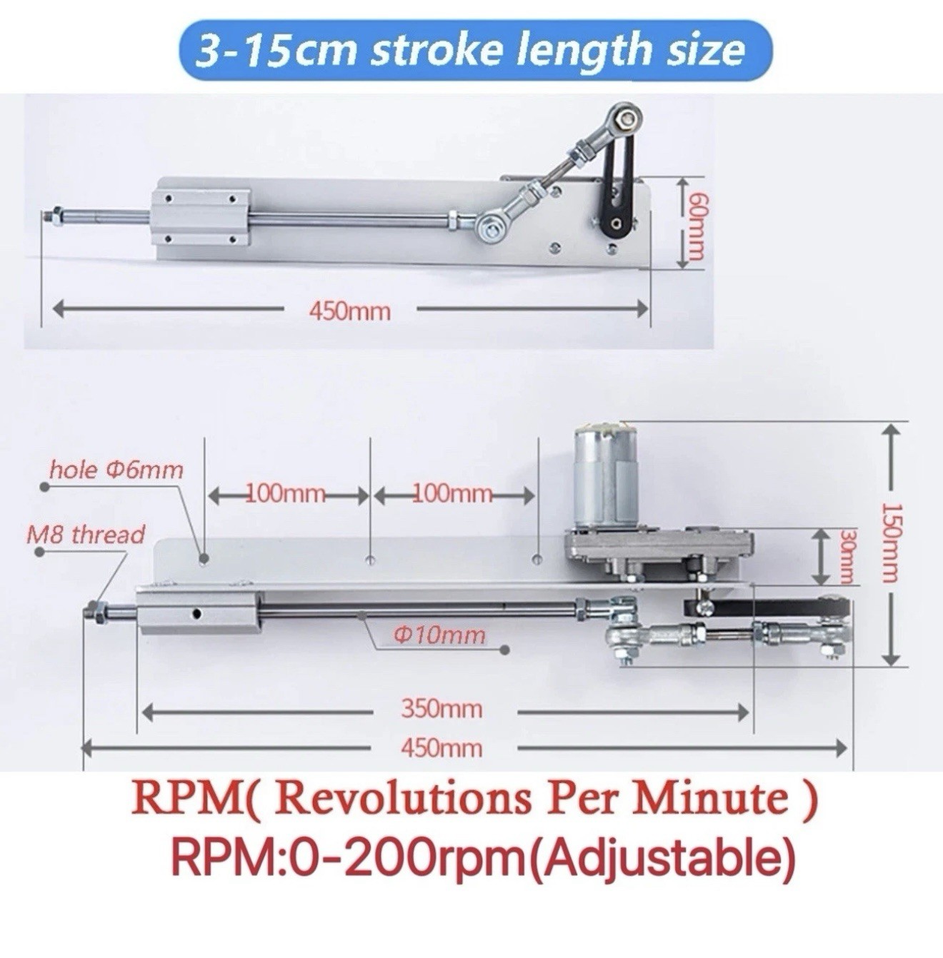 DIY Reciprocating Linear Actuator 24V200RPM Adjustable Stroke30-150mm Motor kit