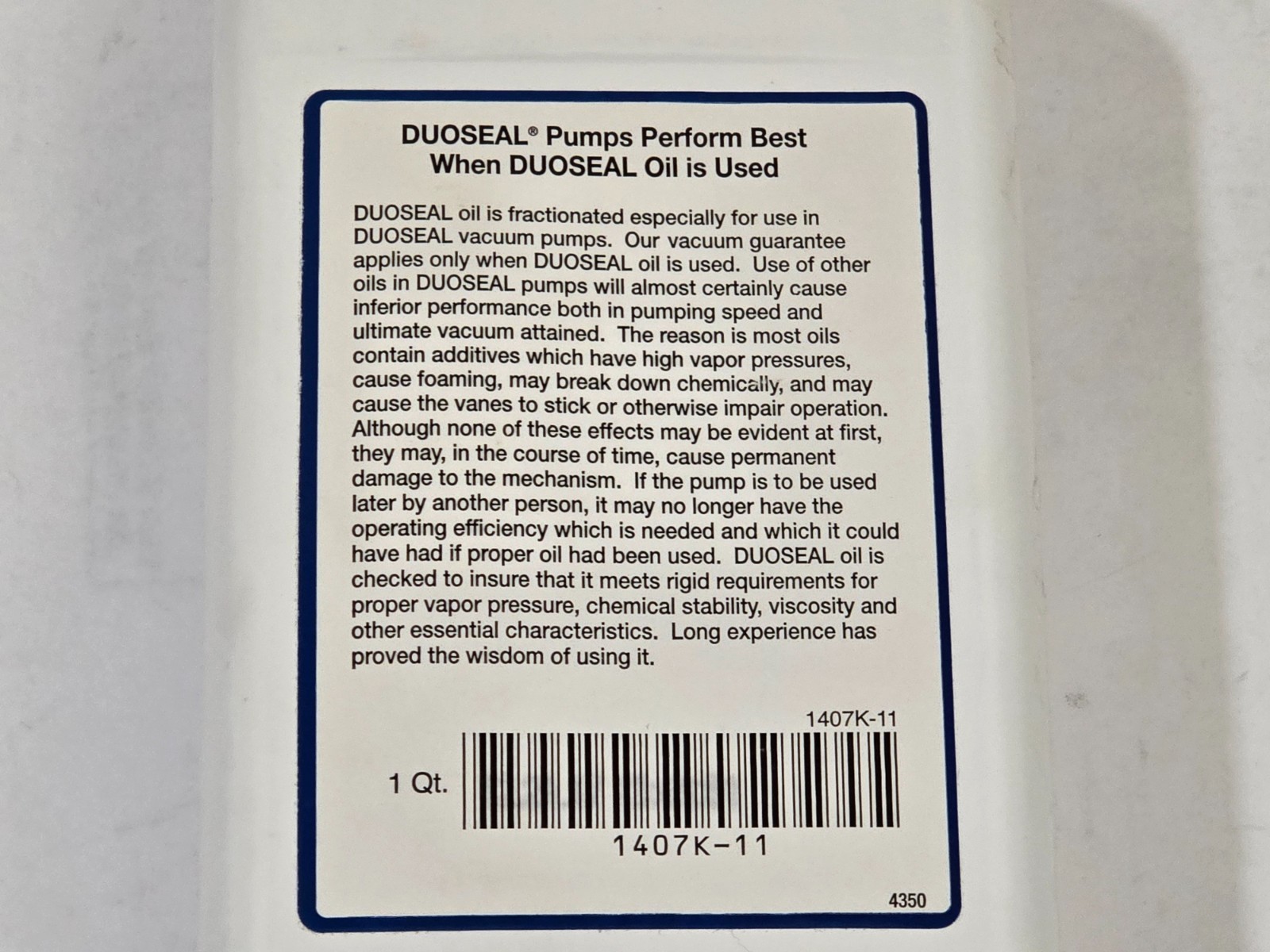 DuoSeal Vacuum Pump Oil 1Qt PN 1407K-11