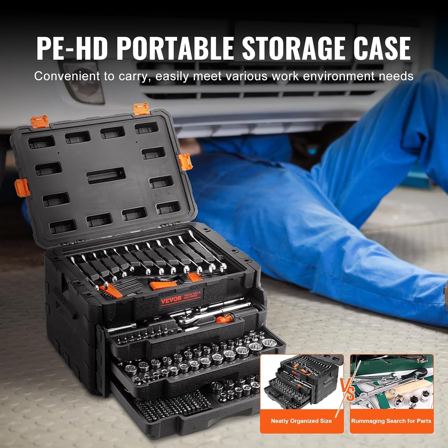 VEVOR Mechanics Tool Set and Socket Set, 1/4″ 3/8″ 1/2″ Drive, 450 PCS | SAE and