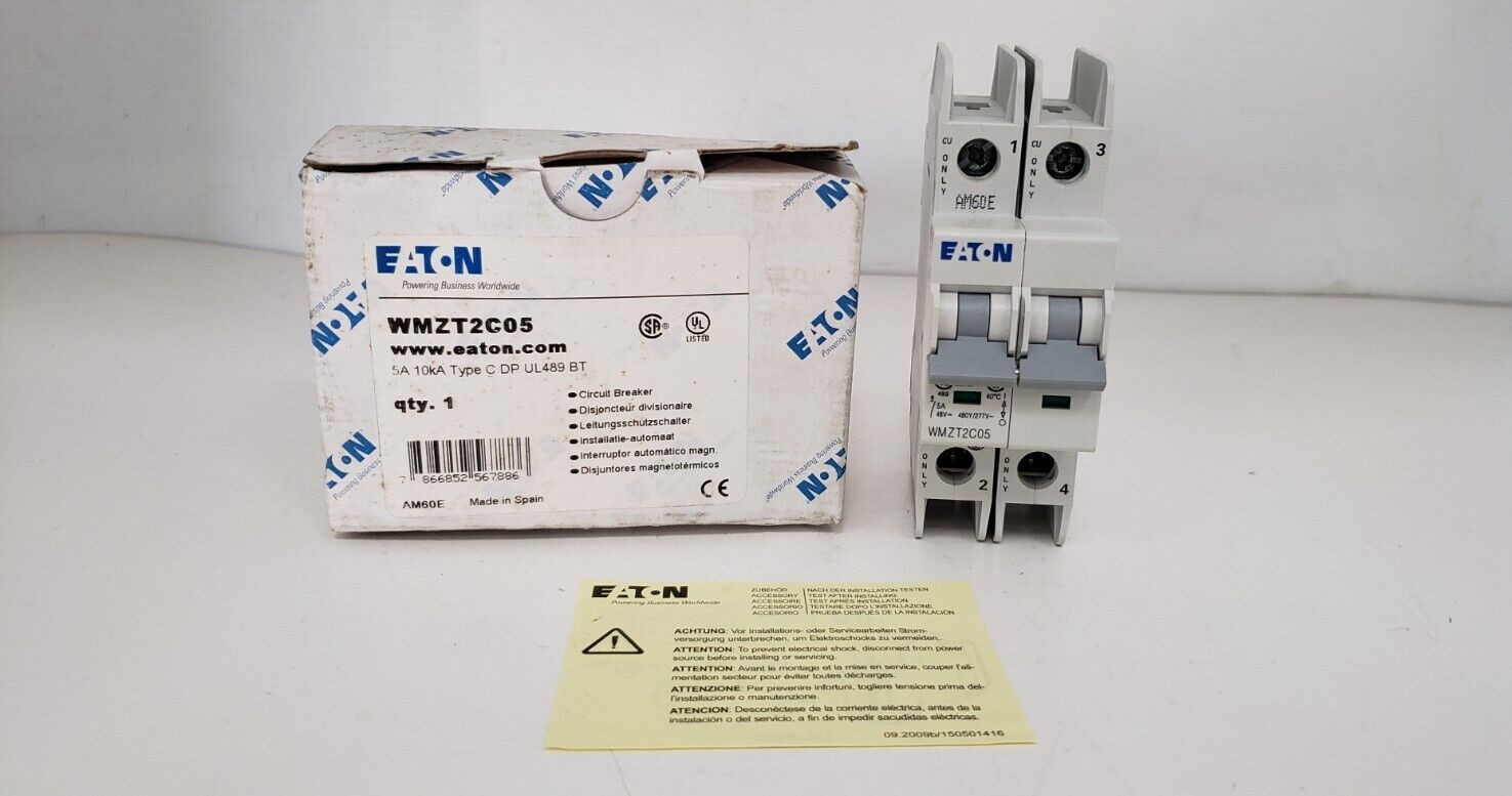 EATON WMZT2C05 (FAZ-C5-2-NA) CIRCUIT BREAKER, 2P, 5A, 480/277V, 10kA, TYPE C NIB