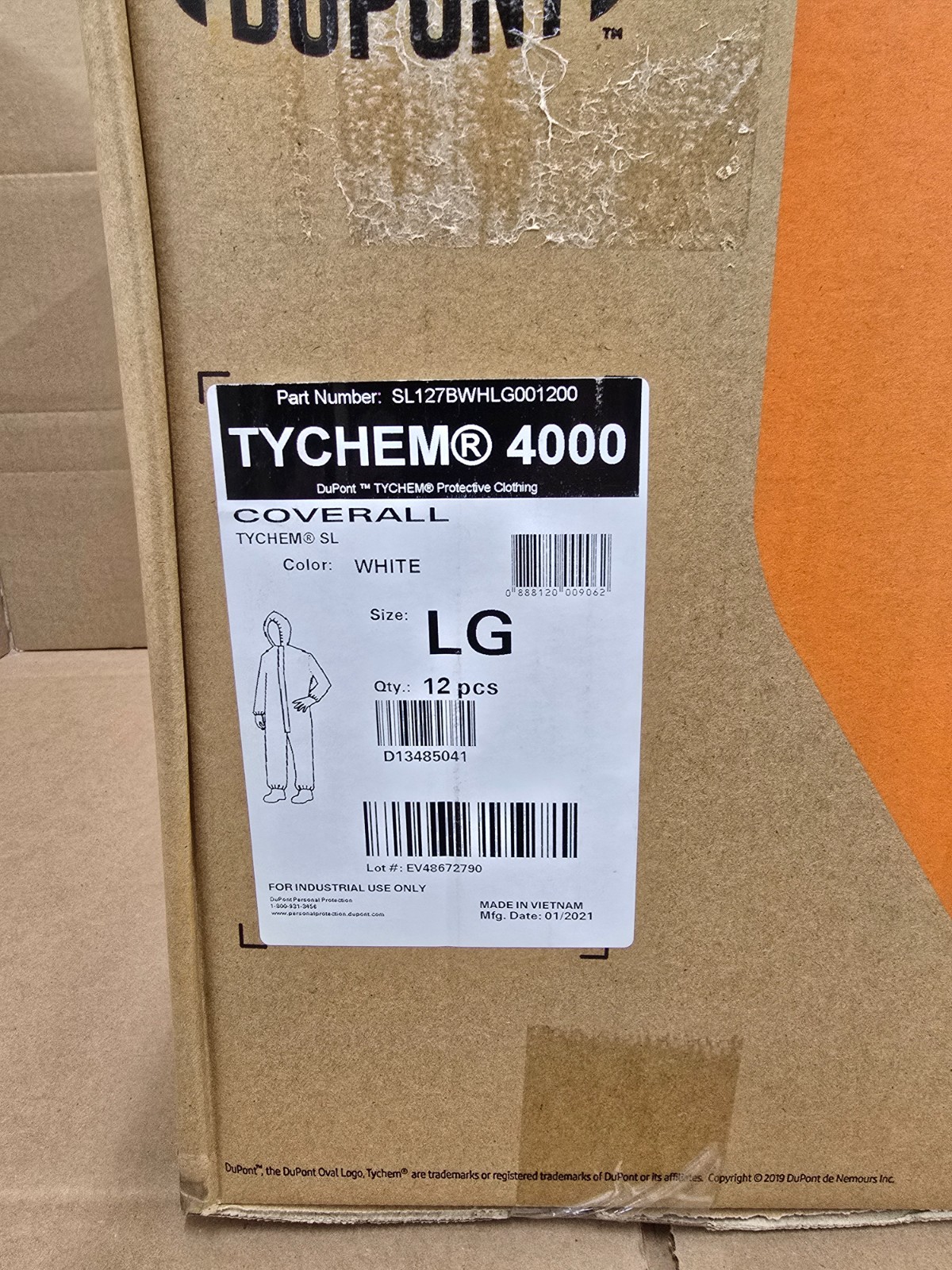 New Case of 12 Dupont TYCHEM 4000 Protective Coveralls SL127BWHLG001200 Size LG