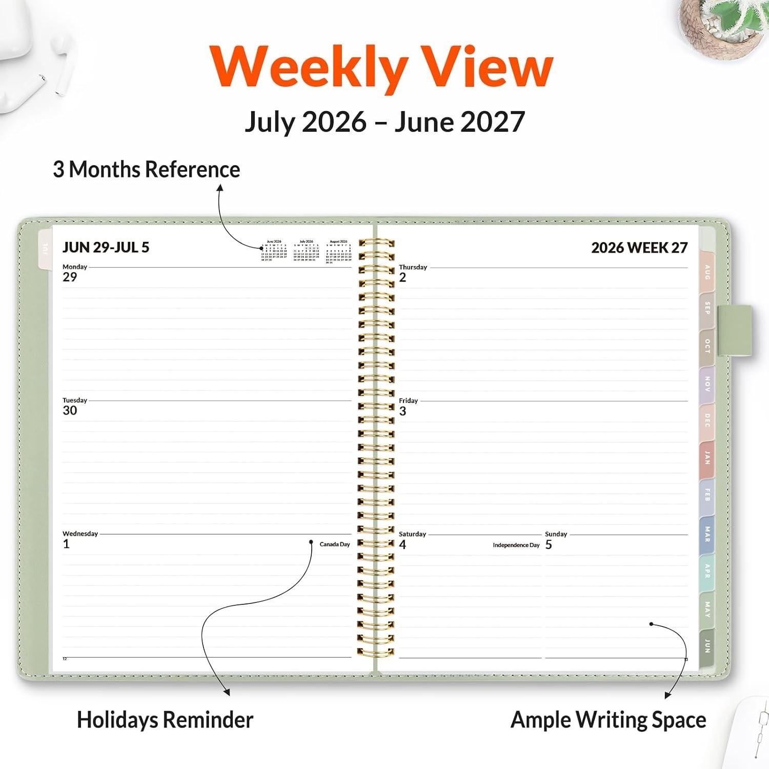 Elegant 2026-2027 Planner – 9×11.2 Leather, Extra Pages & Colorful Tabs