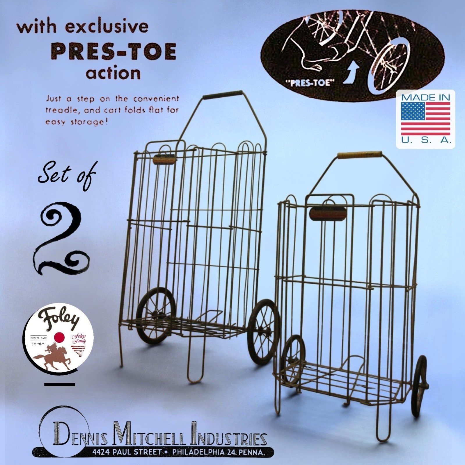 1940s Folding Metal Shopping Carts, Child’s & Adult Size Wire Basket Collapsible