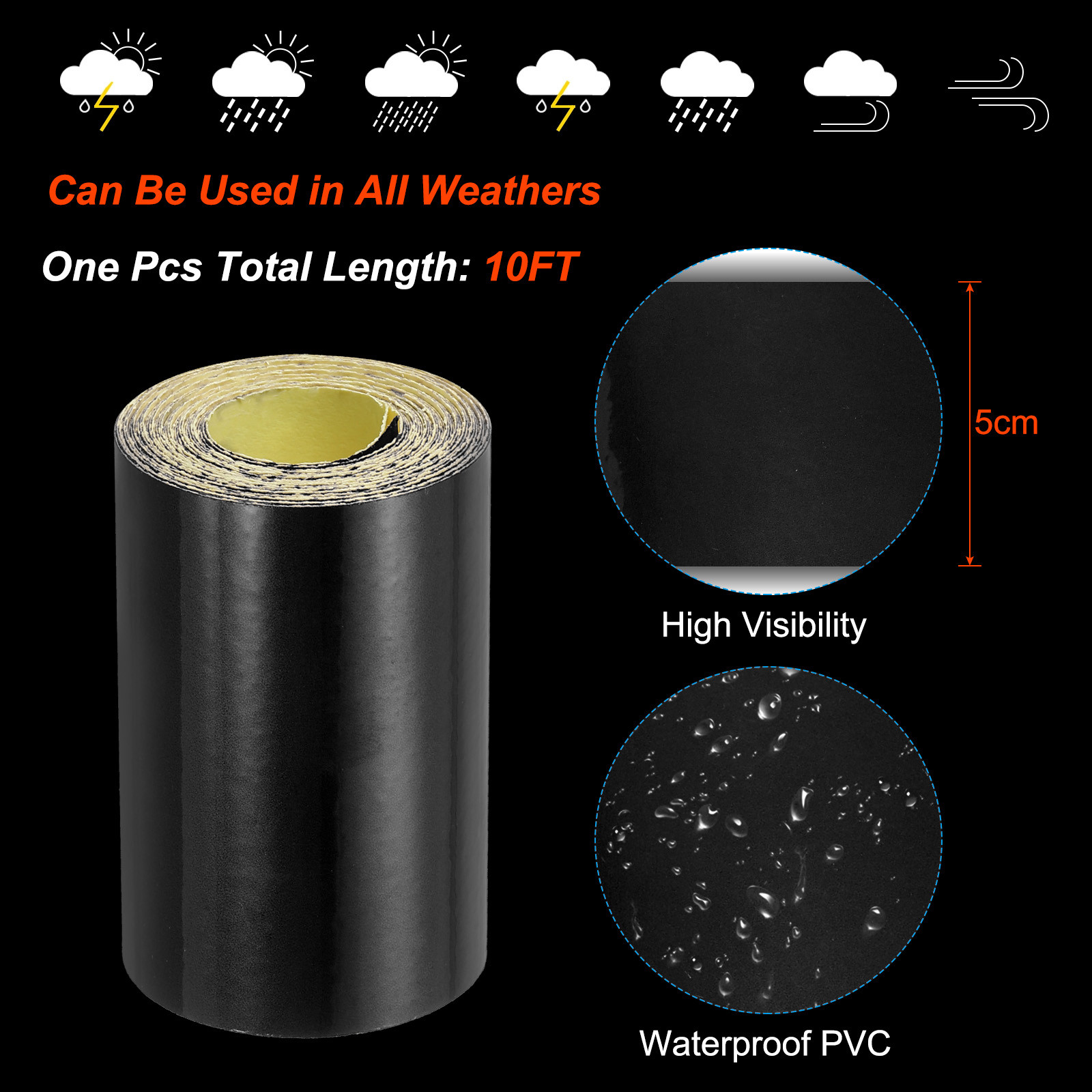 2″ x 10 FT Reflective Tape High Waterproof Outdoor Safety Warning Tape Black