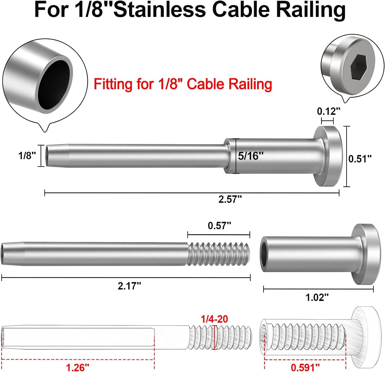 T316 Stainless Steel Swage Threaded Tensioner End Fittings 1/8″ Cable Railing US