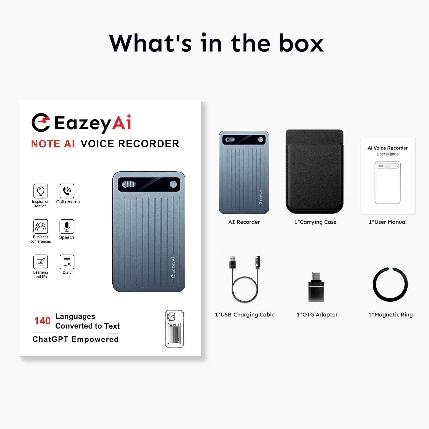 64GB ChatGPT AI Recorder, Dual Mode Calls & Meeting, 140 Languages Voice to Text