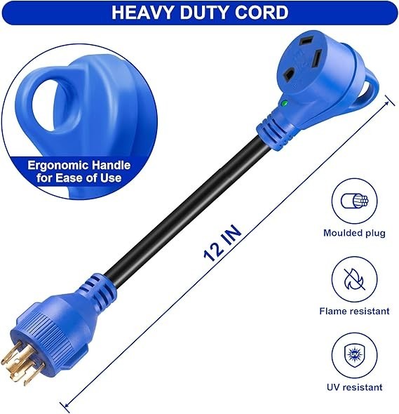 4 Prong 30 Amp: RV Generator Adapter Cord- NEMA L14-30P to TT-30R (12″)