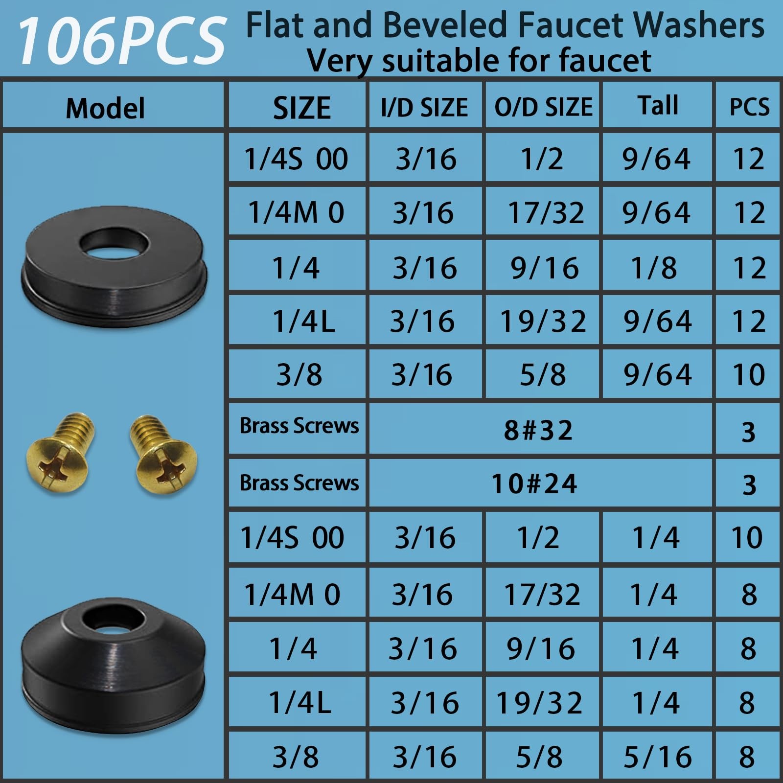 ZDBB 106 pcs Flat and Beveled Faucet Washers Brass Bibb 106 PCS, Black
