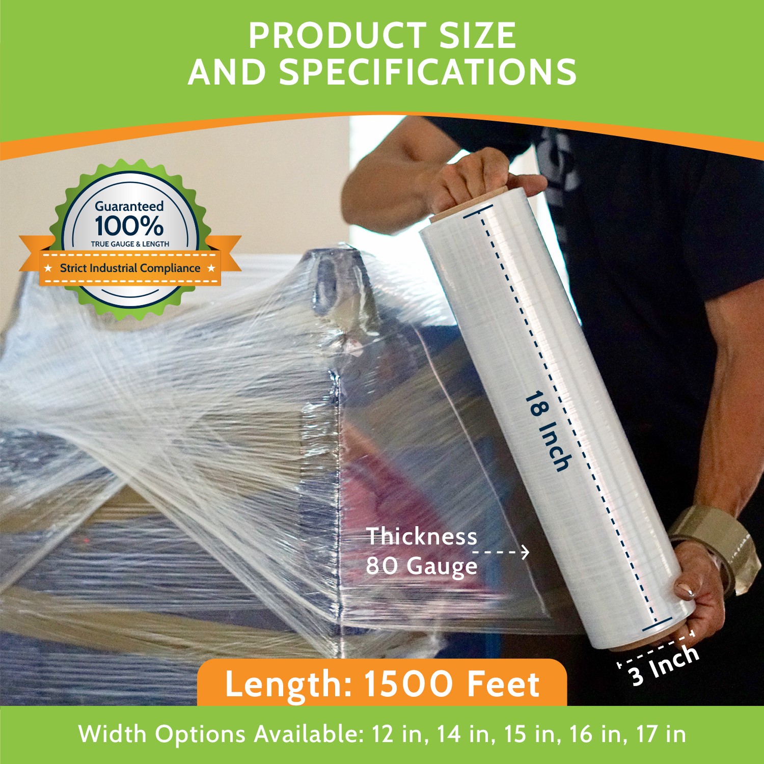 18″ x 1500′ 80 Gauge 4 Rolls Cast Hand Pallet Stretch Wrap Clear Shrink Film