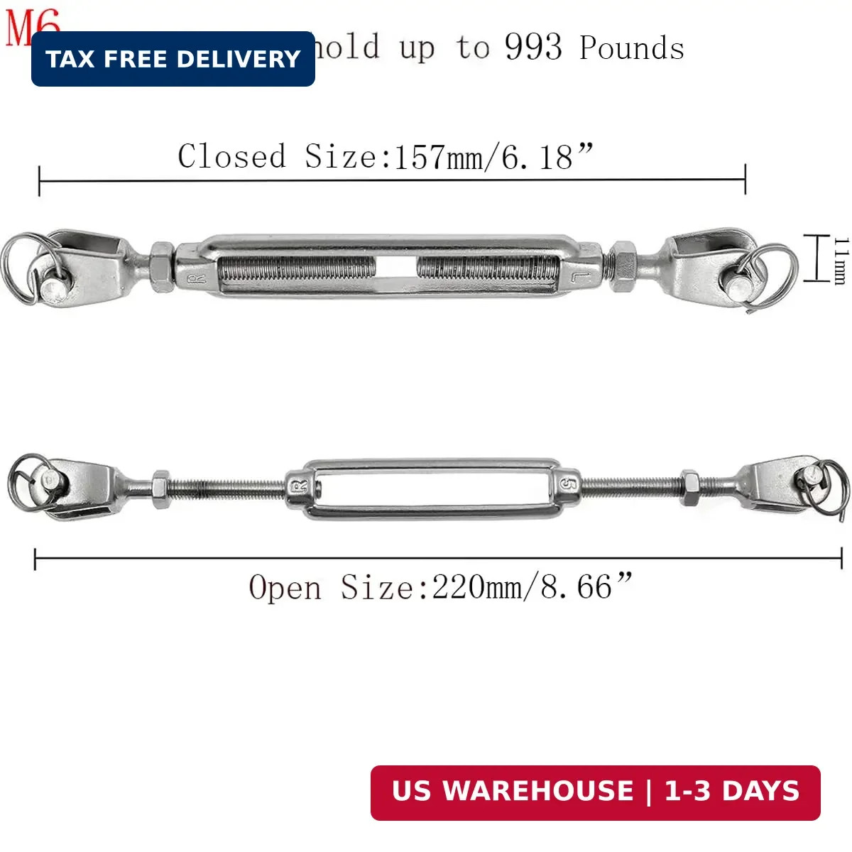 316 Stainless Steel Jaw and Jaw Open-Body Turnbuckle, 1/4″ (6mm) Thread Diameter
