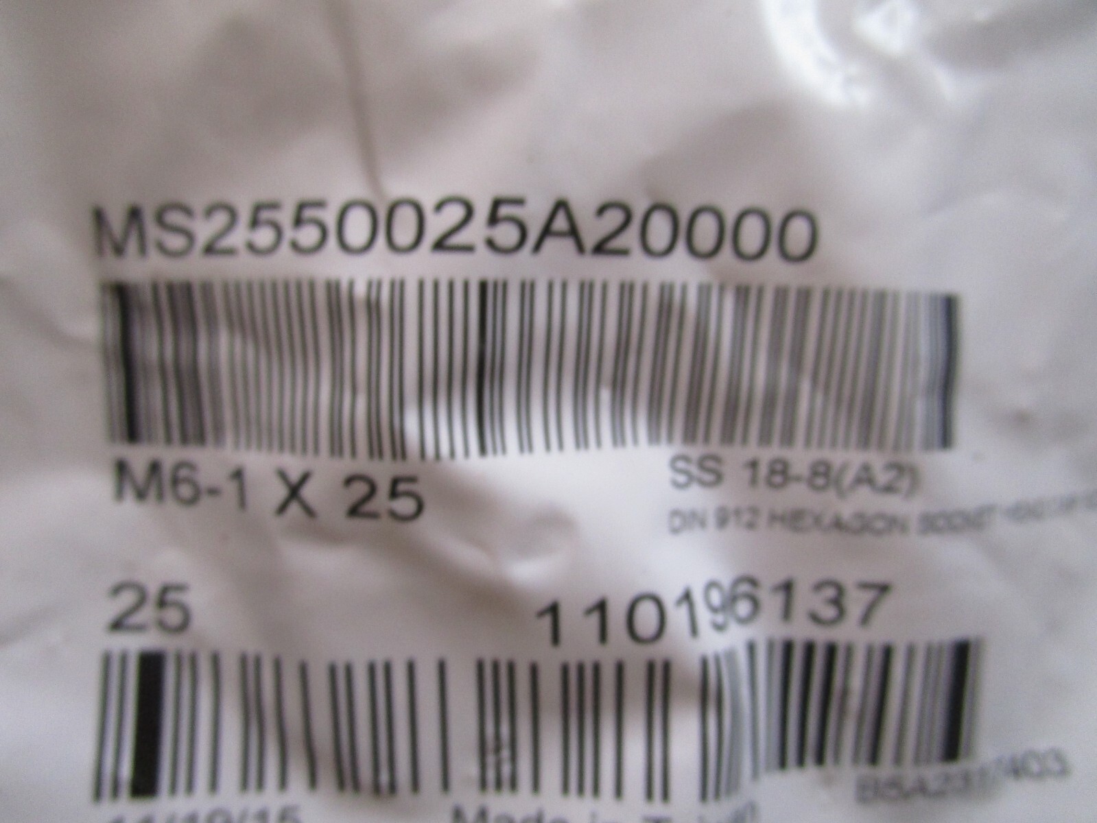 (25) M6-1.0 x 25mm ISO 4762/DIN 912 Hex Drive A2-70 Stainless Socket Cap Screws