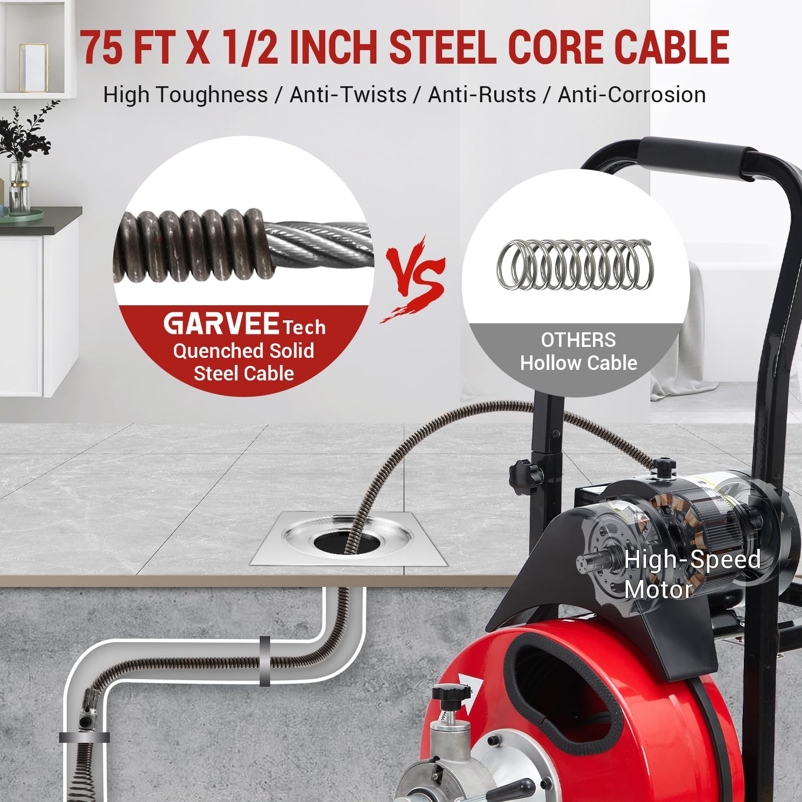 Auto Feed 75 ft x 1/2 in Drain Cleaner Machine with 370W Motor, Portable Sewe…