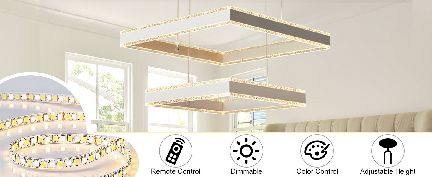 White Square 2-Ring LED Chandelier Dimmable Ceiling Light w/ Remote Control