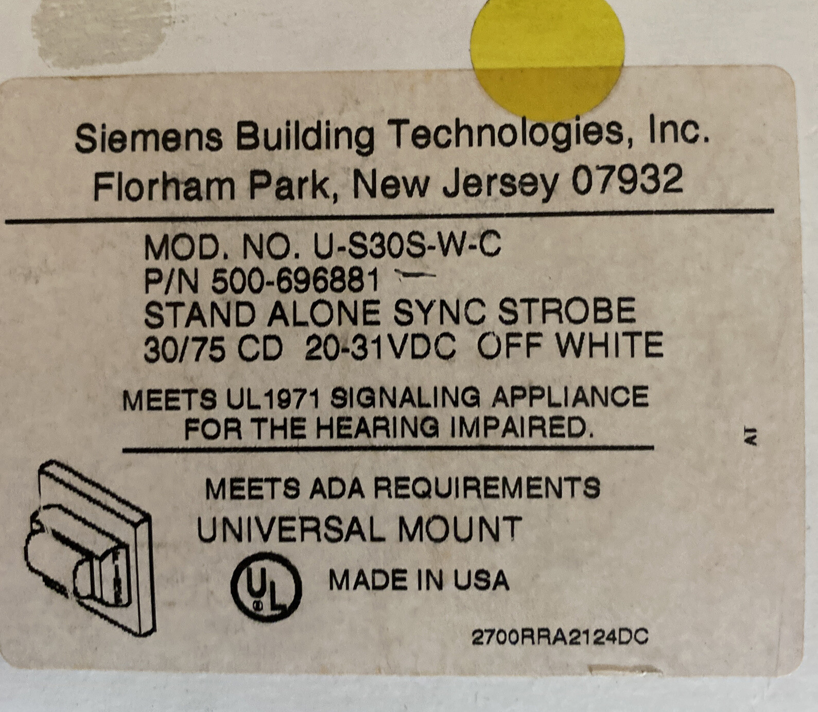 Siemens U-S30S-W-C Stand Alone Sync Strobe White 30/75 CD 20-31VDC Fire Alarm