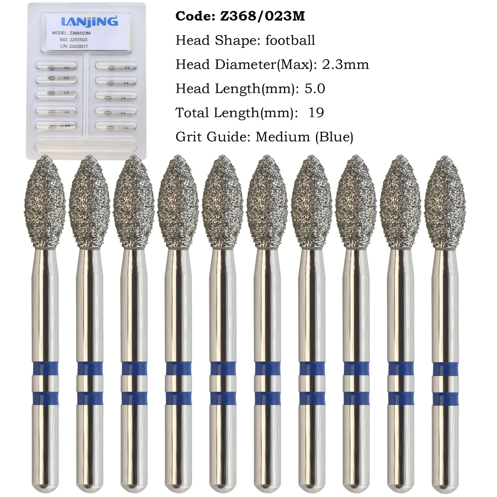10pcs/pk Zirconia Adjustment Diamond Bur Egg Football Z368/023M FG Medium Grit