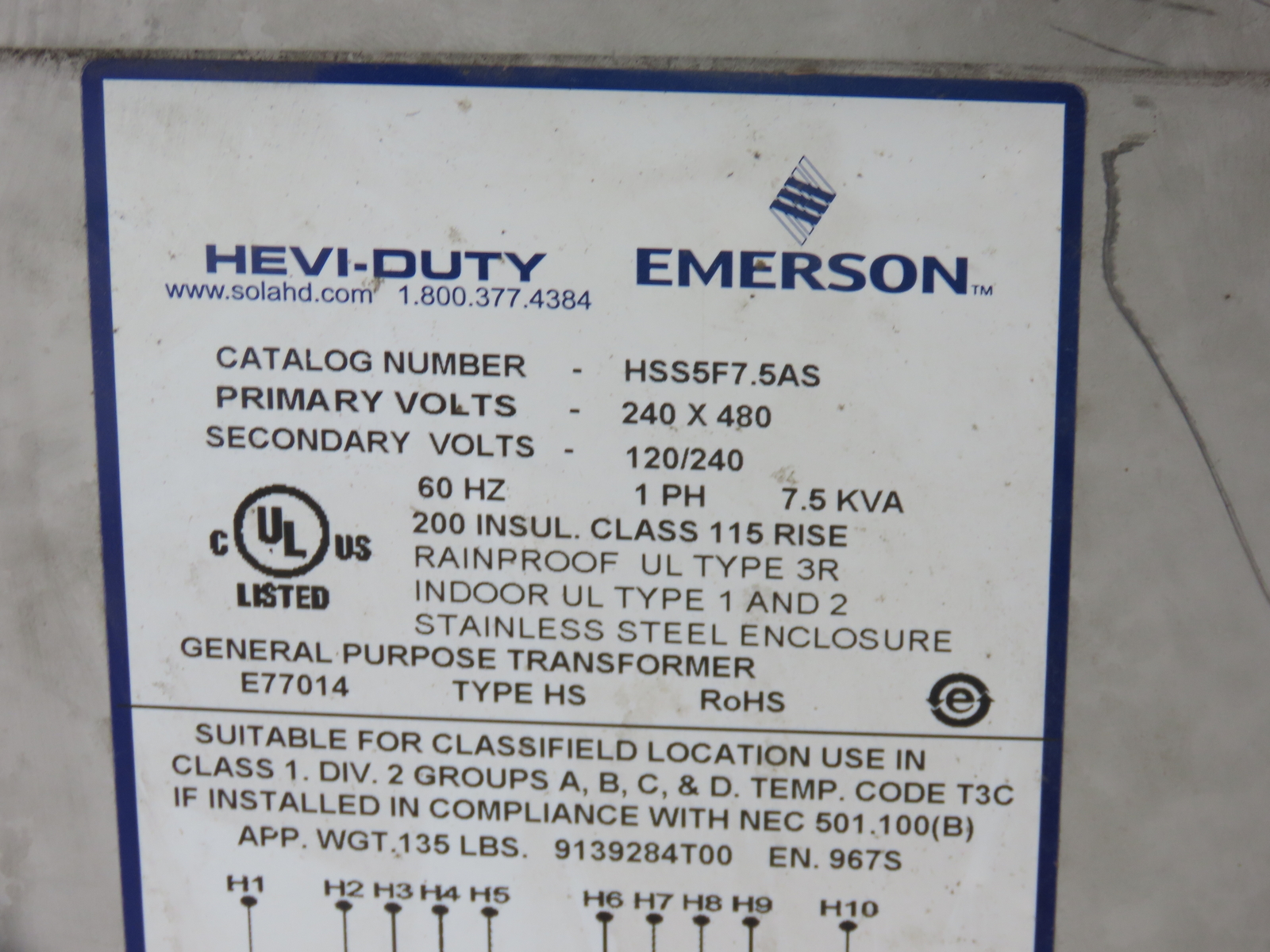HSS5F7.5AS Sola Transformer 240/480 Primary 120/240VAC Secondary7.5kVA SS 3R 1PH