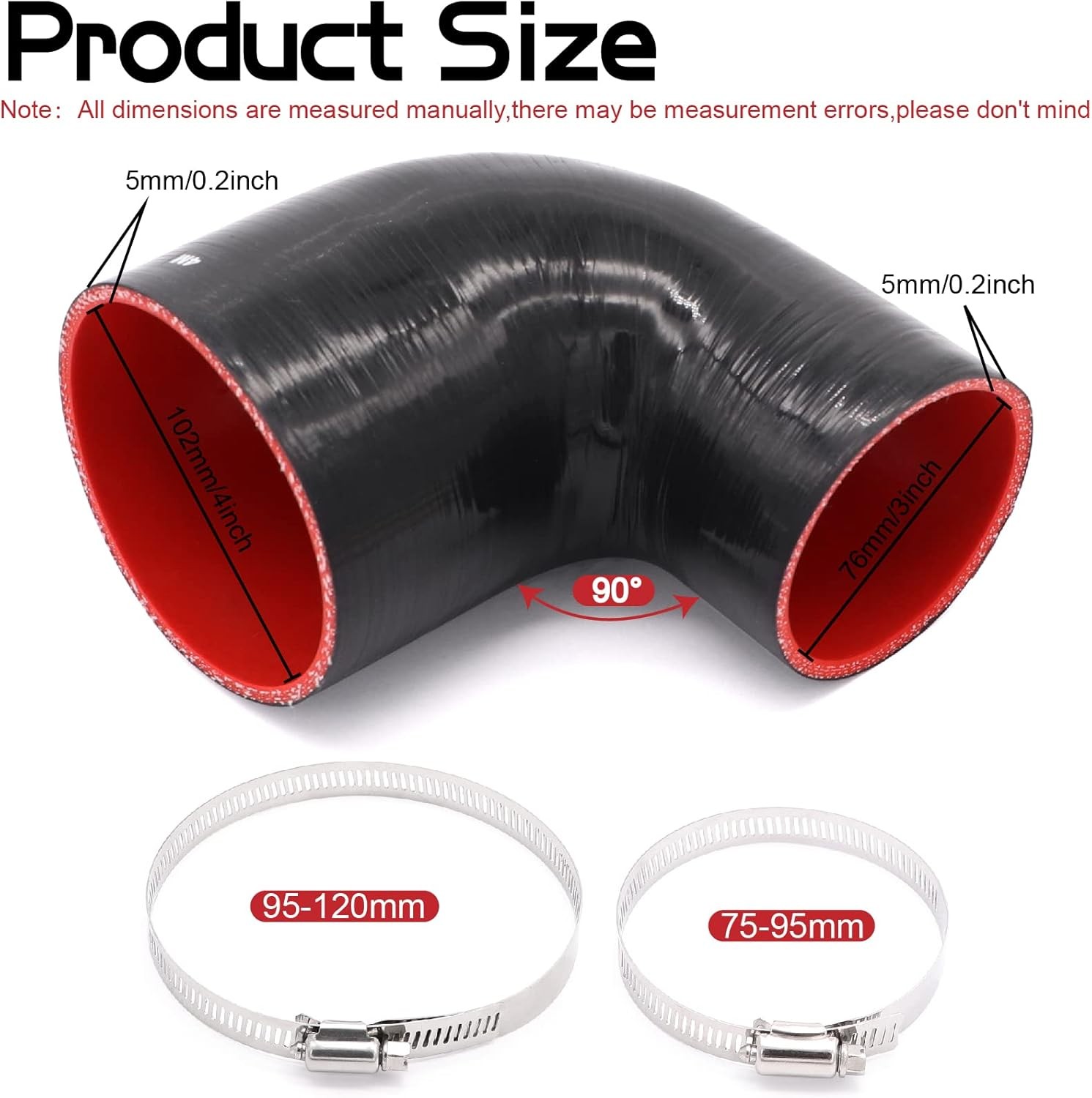 90 Degree ID 3Inch to 4Inch Elbow Coupler Silicone Hose 4-Ply with 2PCS Stainles