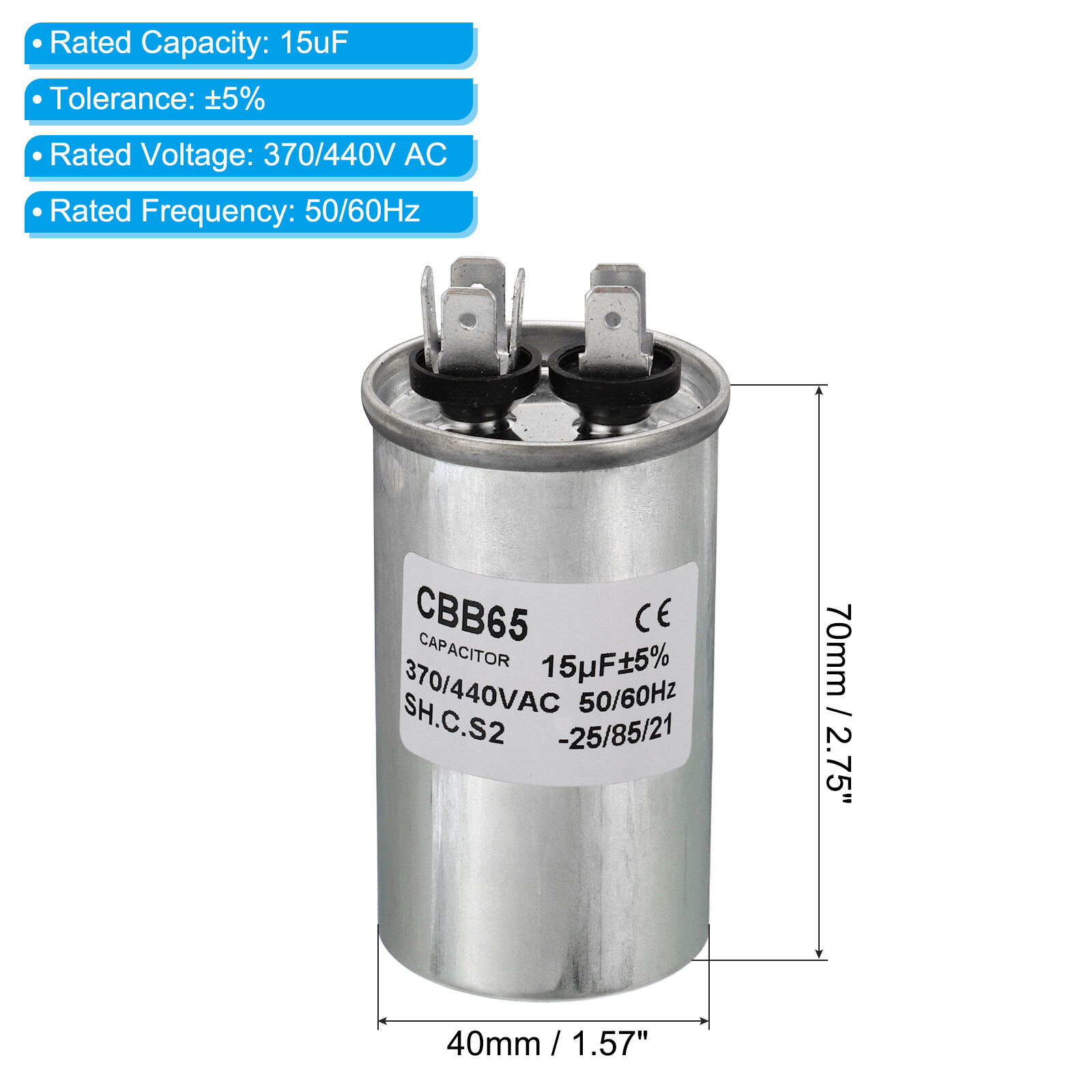 CBB65 15uF Run Capacitor 15mfd AC 370V / 440V Aluminum Case with 2 Terminal