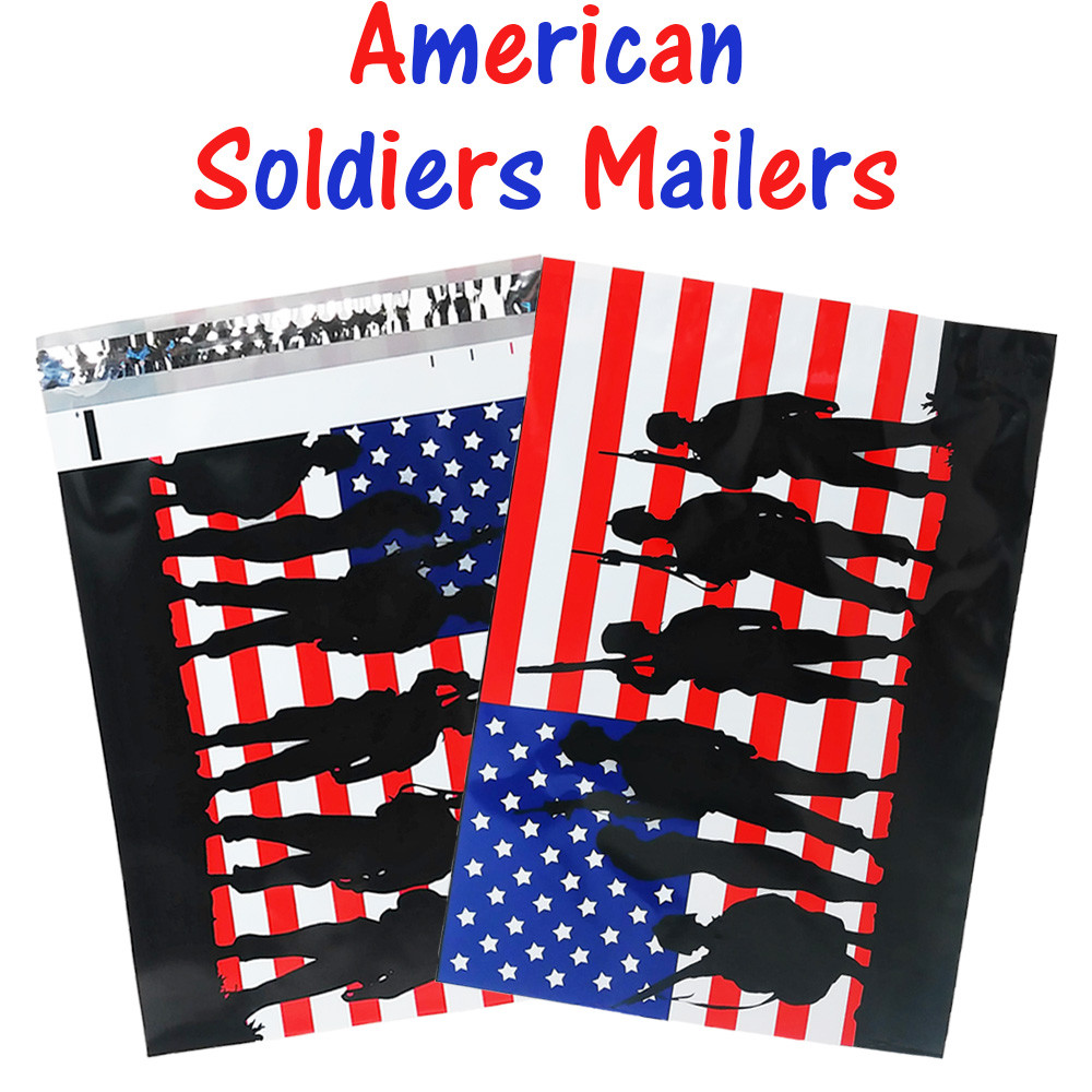 10×13″ Military Soldier Patriotic Flag Poly Mailers, Flat Shipping Envelope Bags