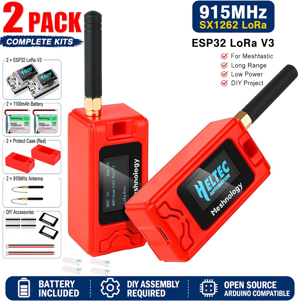 2 Sets Heltec LoRa V3 ESP32 Board 915MHz Antenna Case Battery Kit for Meshtastic
