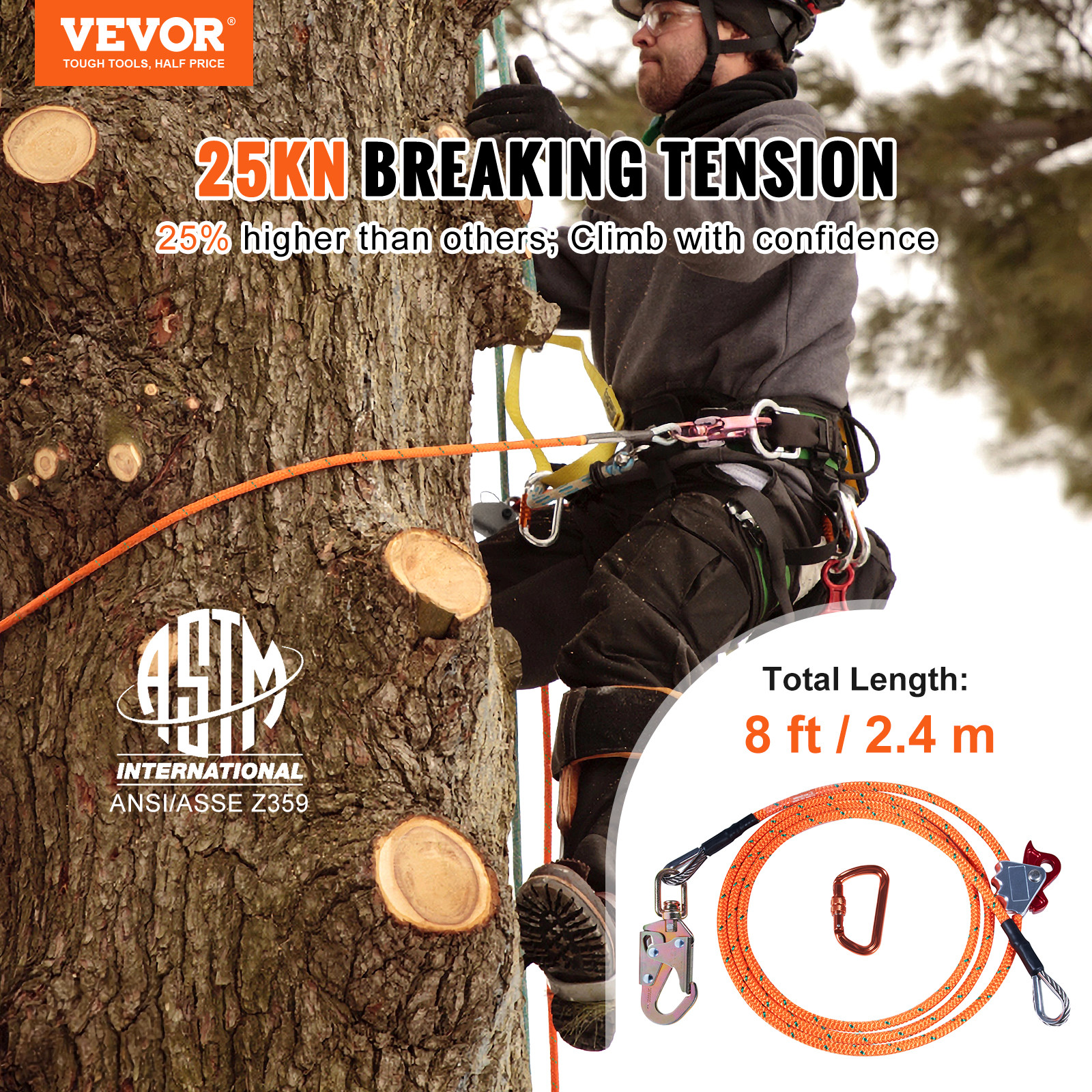 VEVOR Steel Core flipline 1/2″ x 8′ Arborist Flipline for Tree Climbing