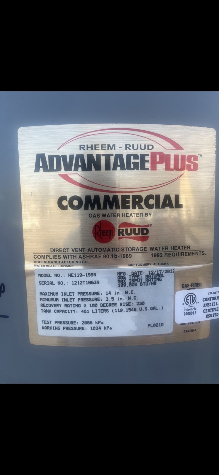 Rheem Ruud control board D11 HE119-199N X5 advantage plug Gas Water Heater